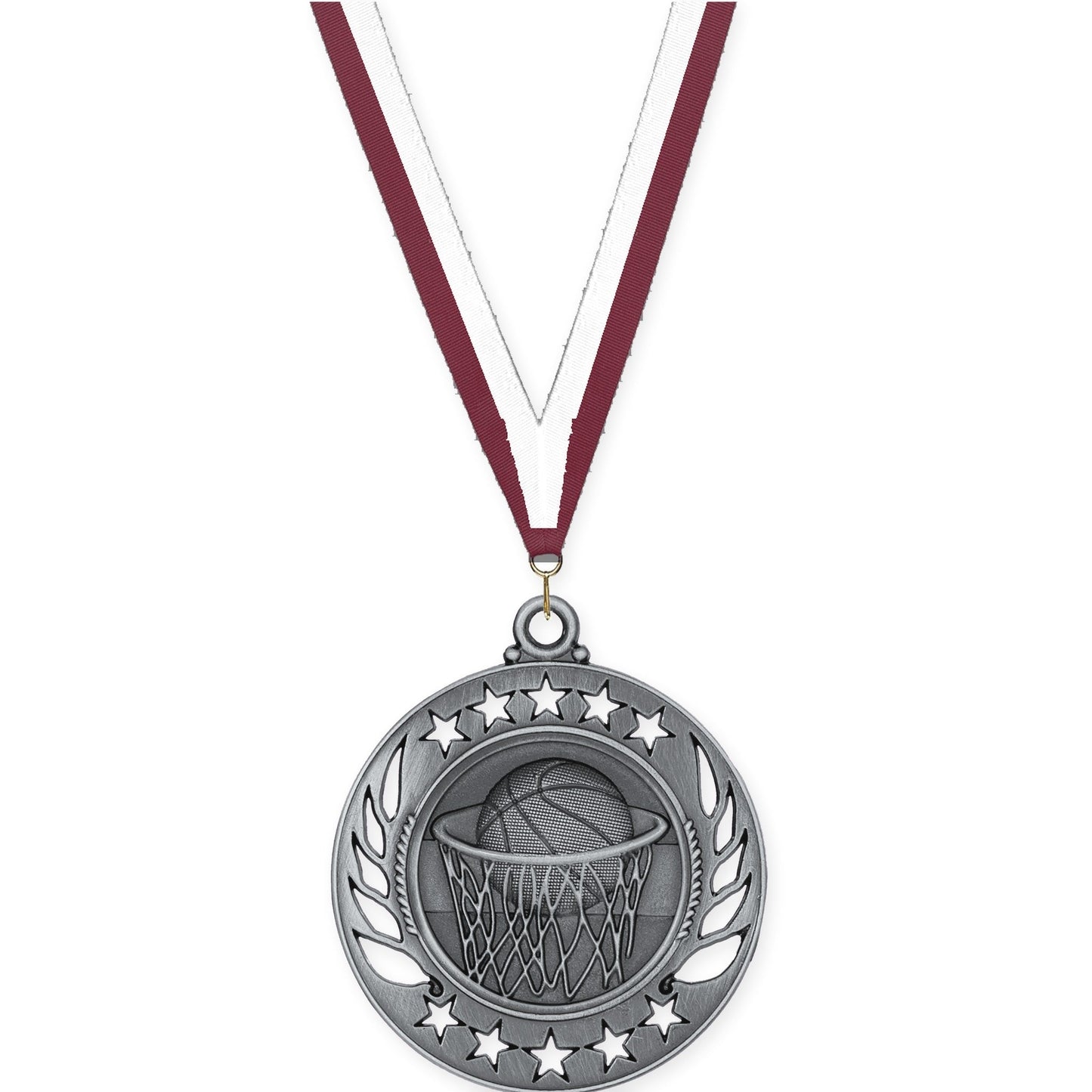 2 1/4 inch basketball Galaxy medal in antique silver with Maroon White neck ribbon