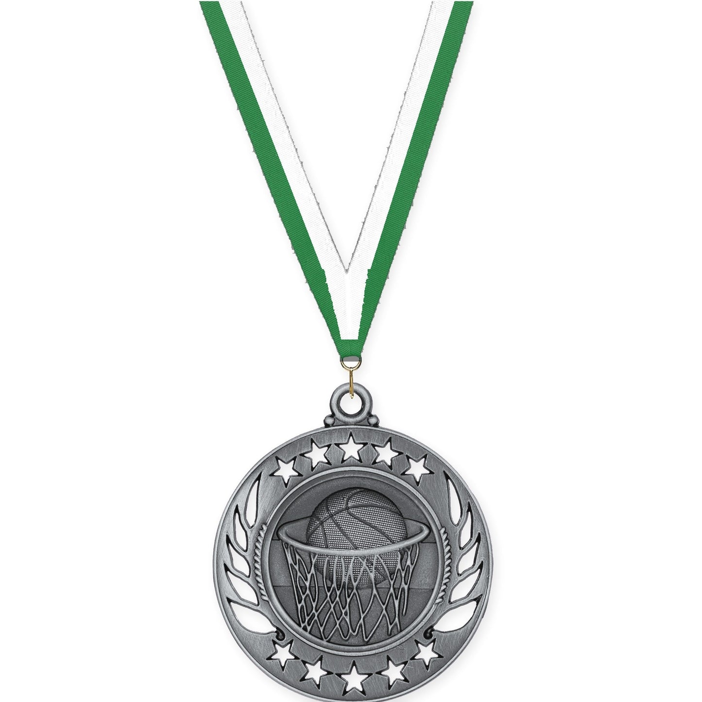 2 1/4 inch basketball Galaxy medal in antique silver with Green White neck ribbon