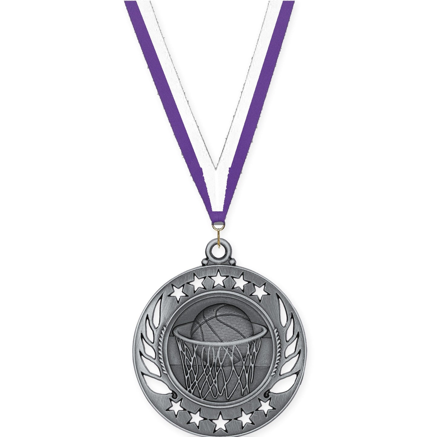2 1/4 inch basketball Galaxy medal in antique silver with Purple White neck ribbon