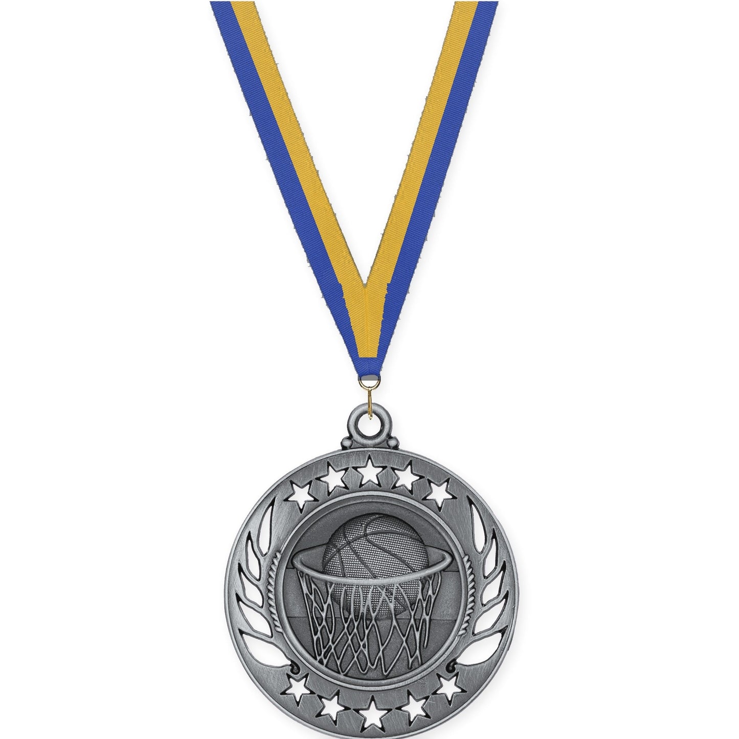2 1/4 inch basketball Galaxy medal in antique silver with Blue Gold neck ribbon
