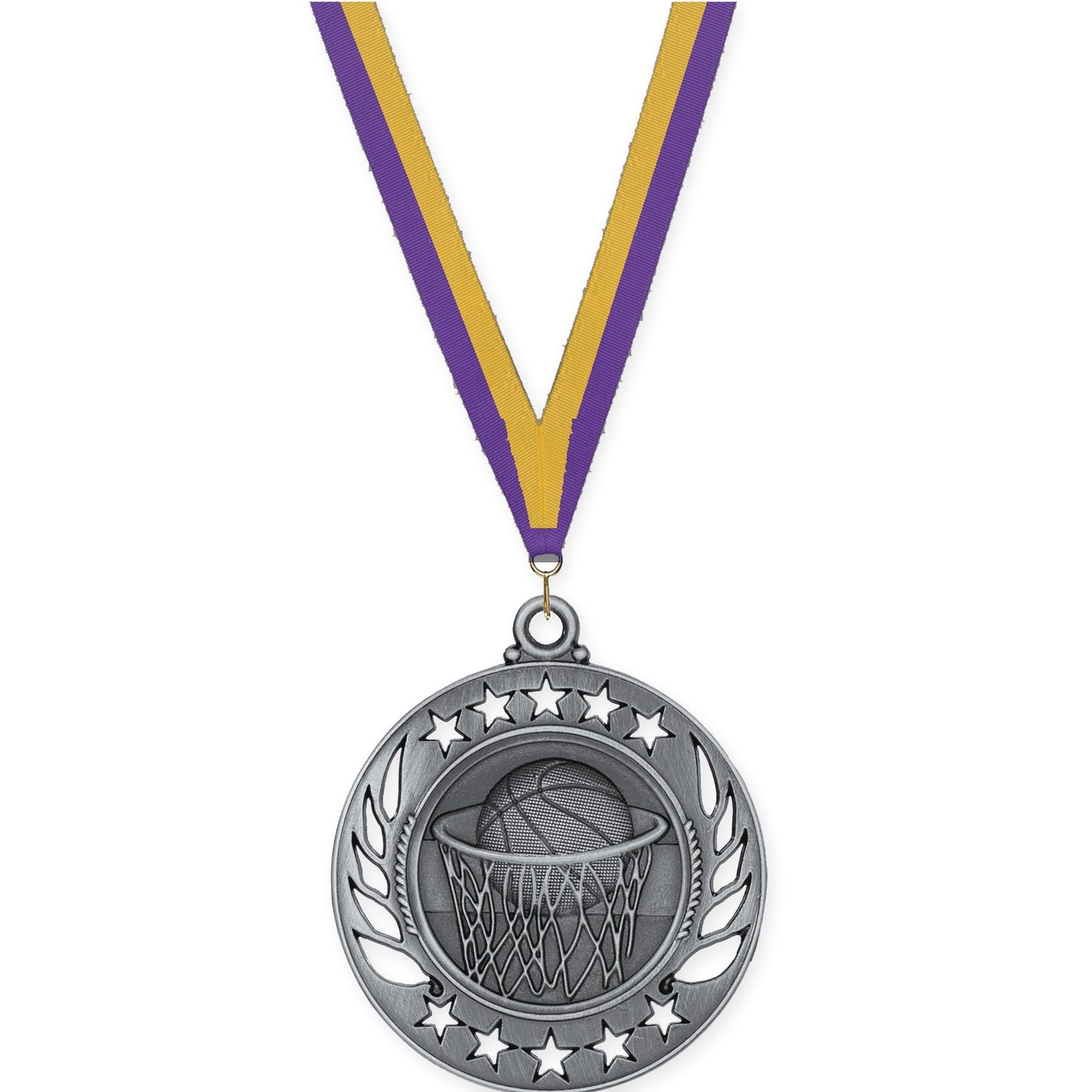2 1/4 inch basketball Galaxy medal in antique silver with Purple Gold neck ribbon