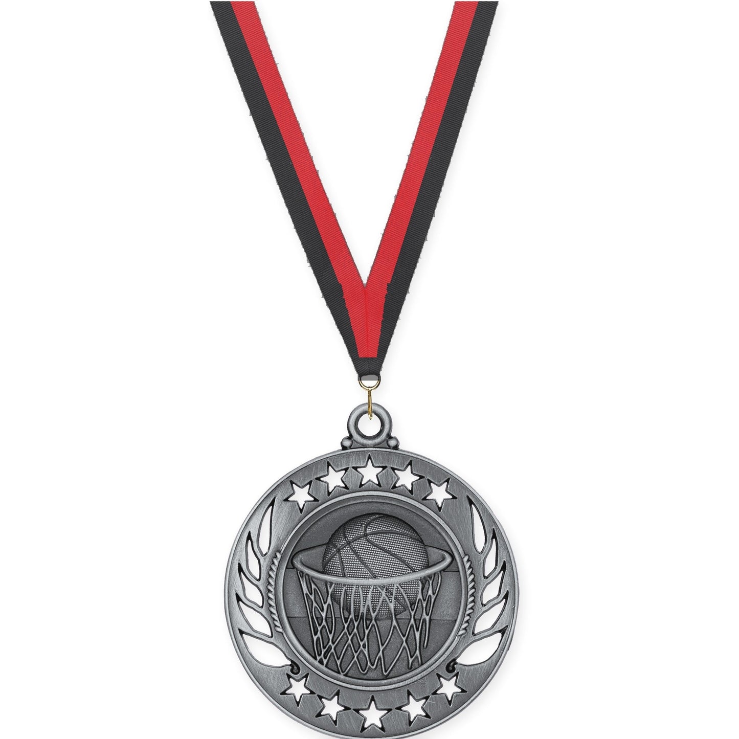 2 1/4 inch basketball Galaxy medal in antique silver with Black Red neck ribbon