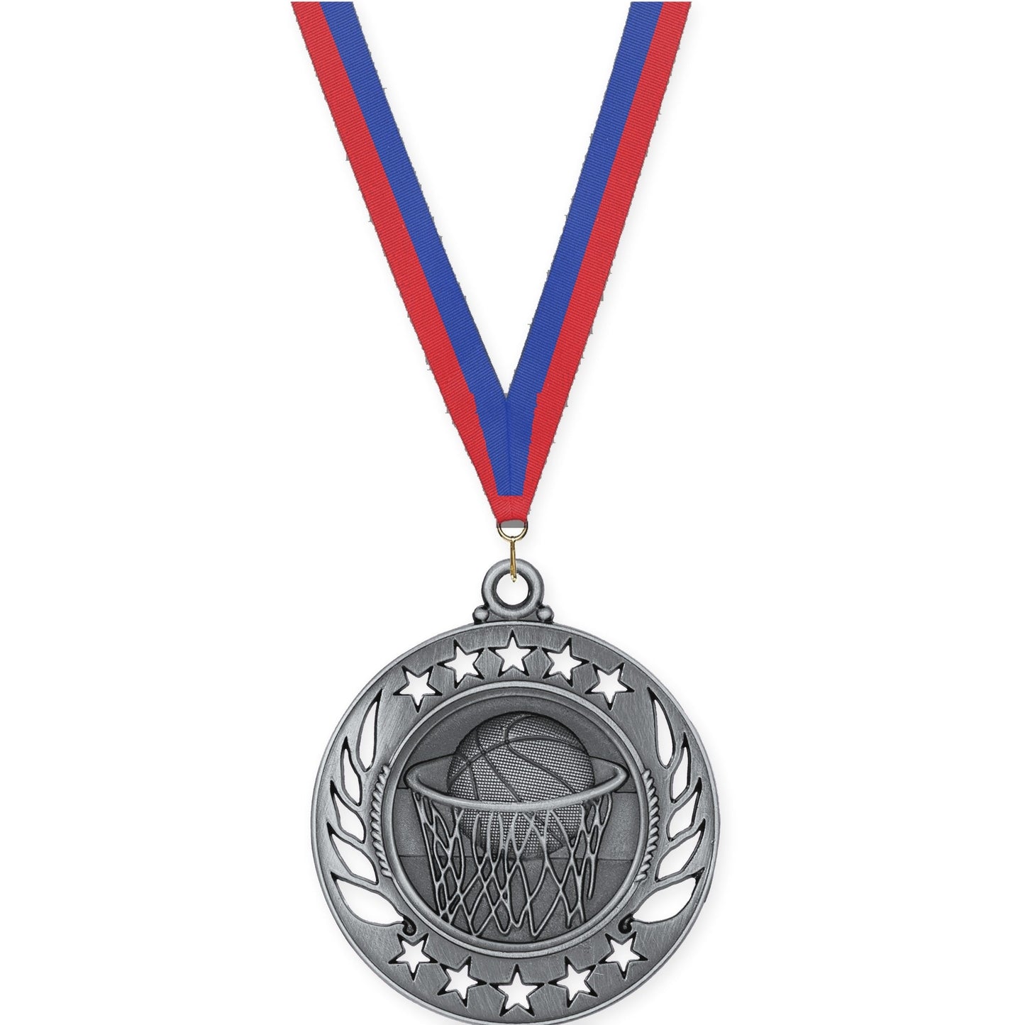 2 1/4 inch basketball Galaxy medal in antique silver with Blue Red neck ribbon