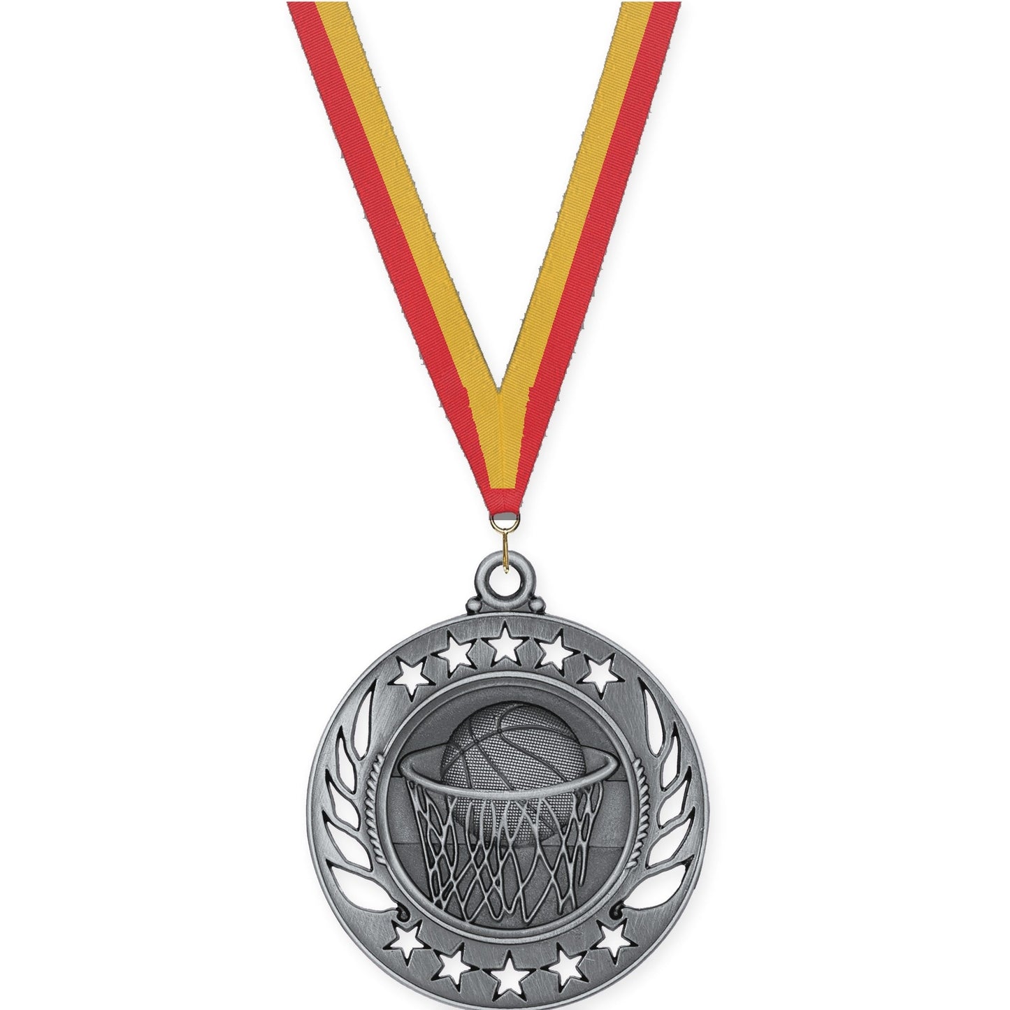 2 1/4 inch basketball Galaxy medal in antique silver with Red Gold neck ribbon