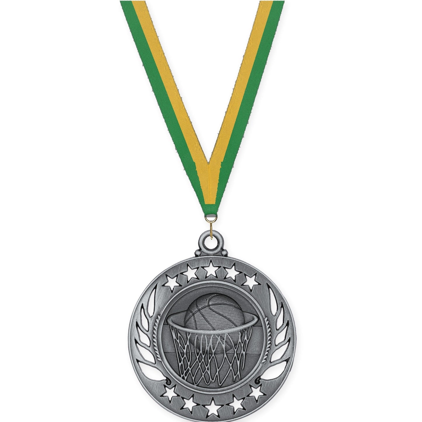 2 1/4 inch basketball Galaxy medal in antique silver with Green Gold neck ribbon