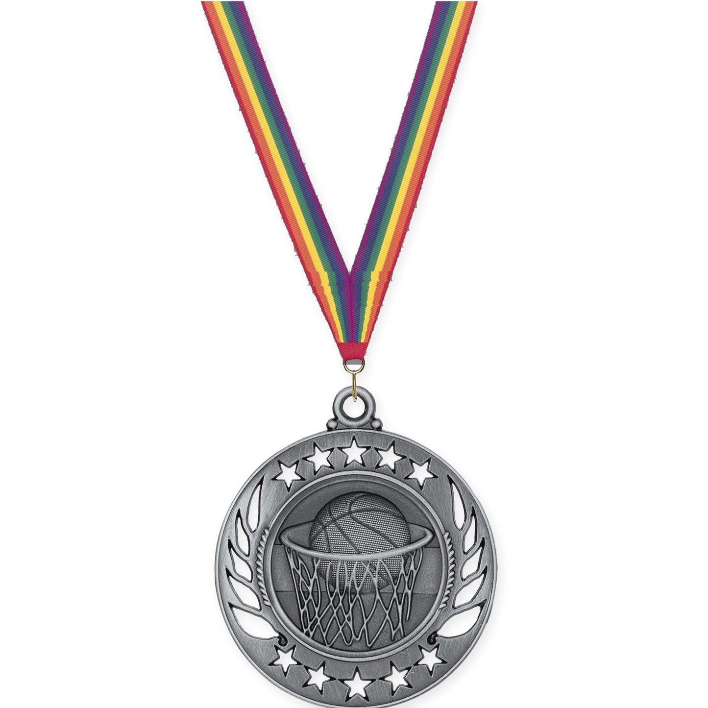 2 1/4 inch basketball Galaxy medal in antique silver with Rainbow neck ribbon