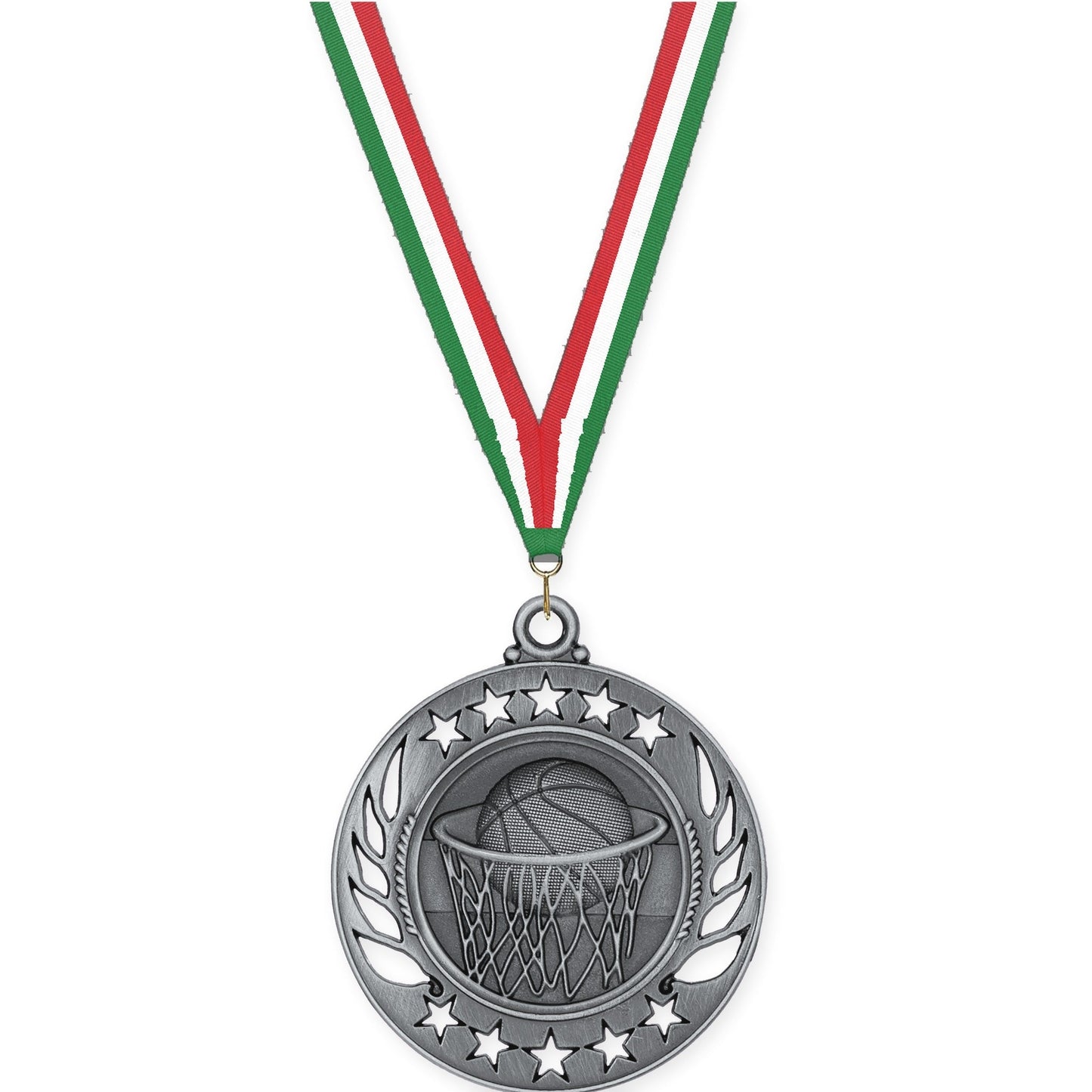 2 1/4 inch basketball Galaxy medal in antique silver with Green White Red neck ribbon
