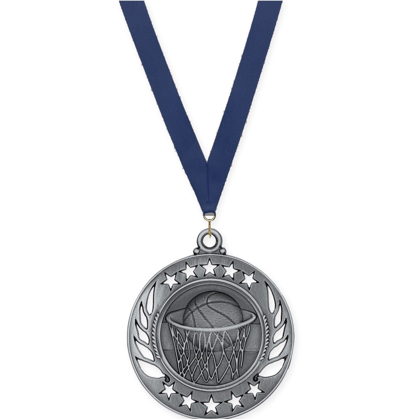 2 1/4 inch basketball Galaxy medal in antique silver with Navy neck ribbon