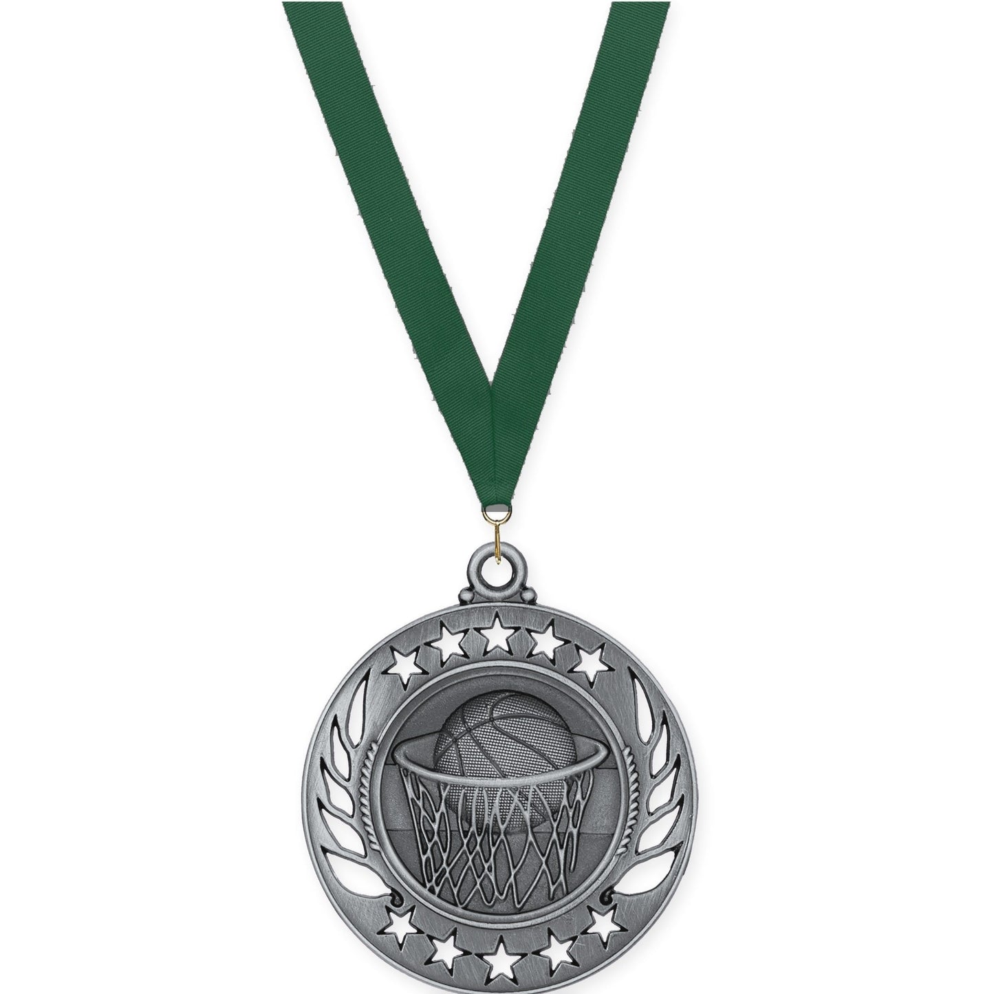 2 1/4 inch basketball Galaxy medal in antique silver with Hunter Green neck ribbon