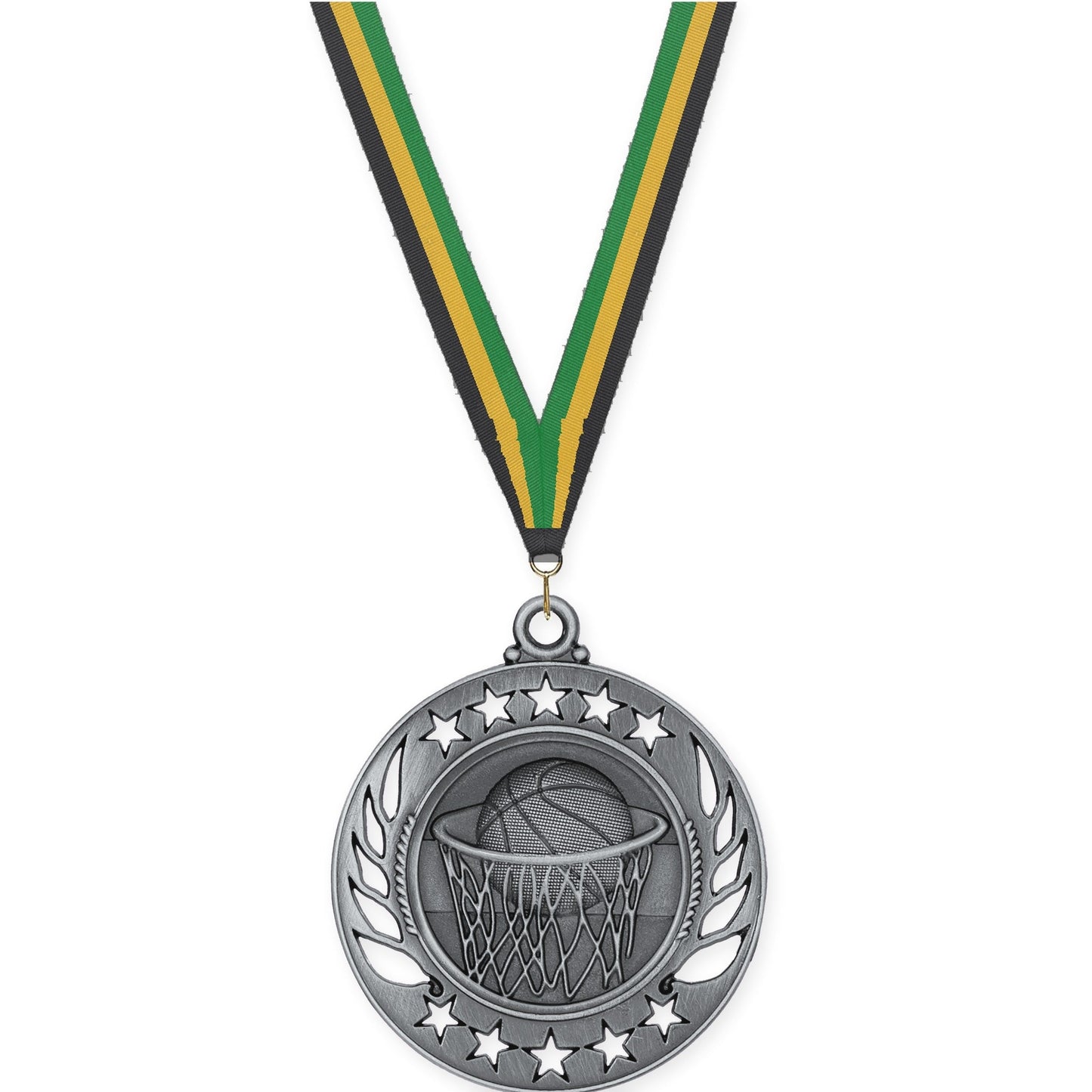 2 1/4 inch basketball Galaxy medal in antique silver with Black Gold Green neck ribbon
