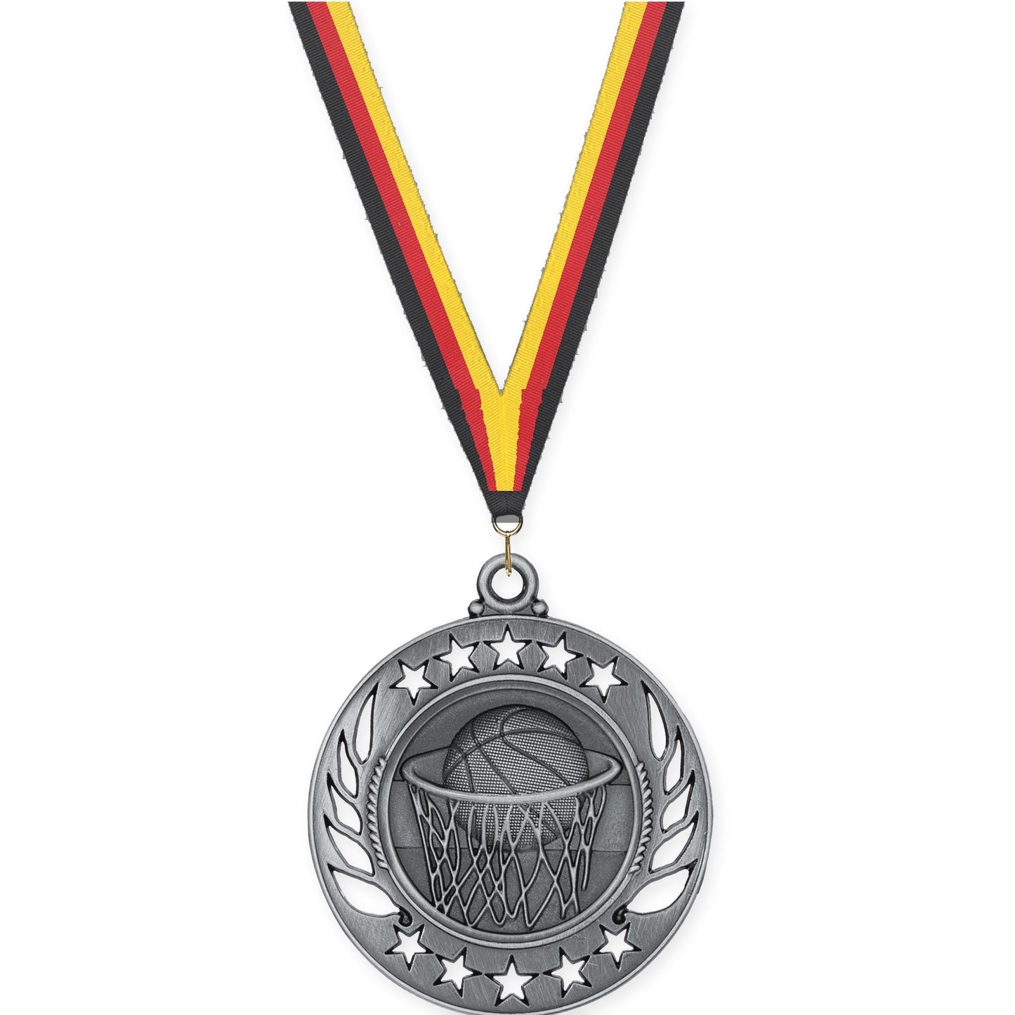 2 1/4 inch basketball Galaxy medal in antique silver with Black Red Yellow neck ribbon