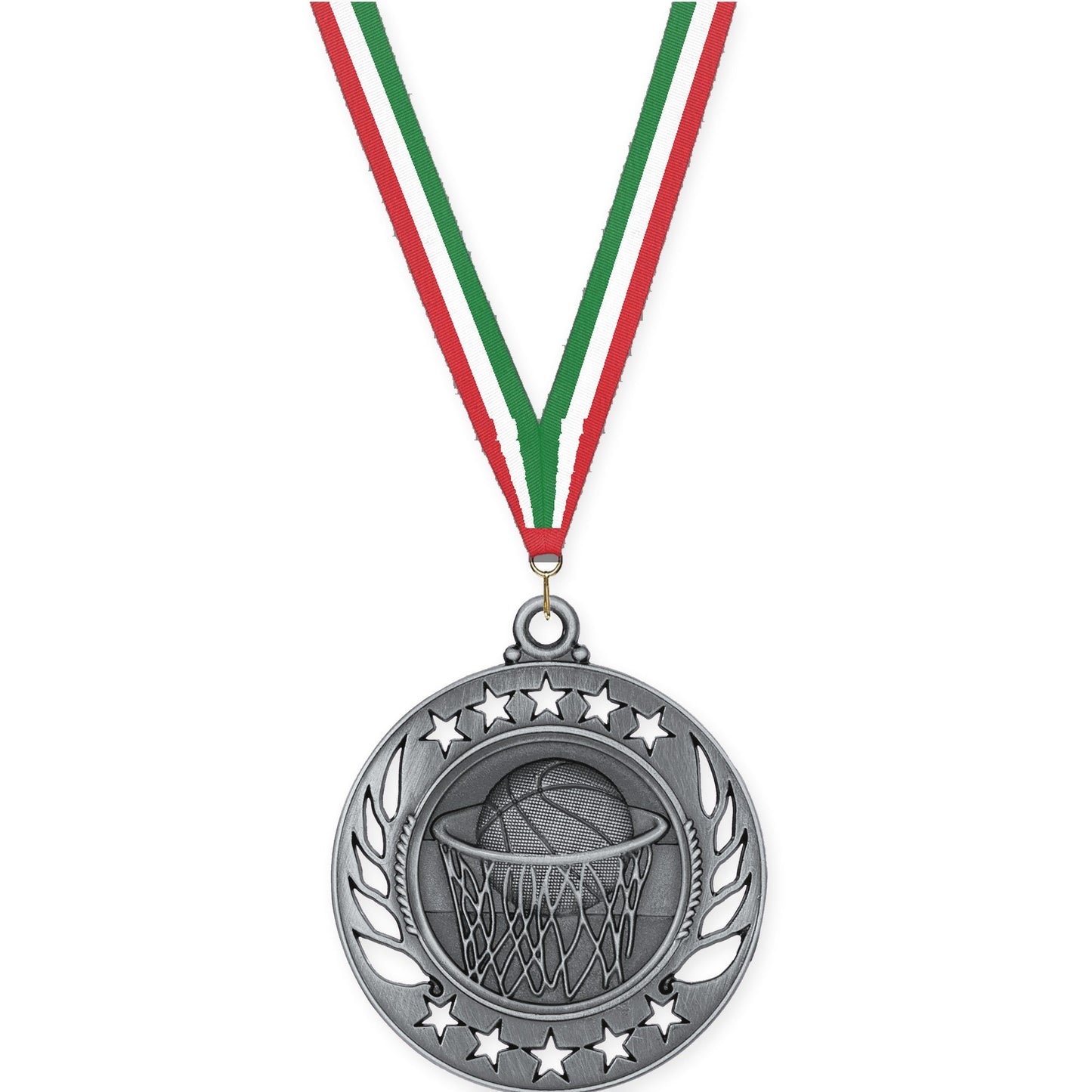 2 1/4 inch basketball Galaxy medal in antique silver with Red White Green neck ribbon