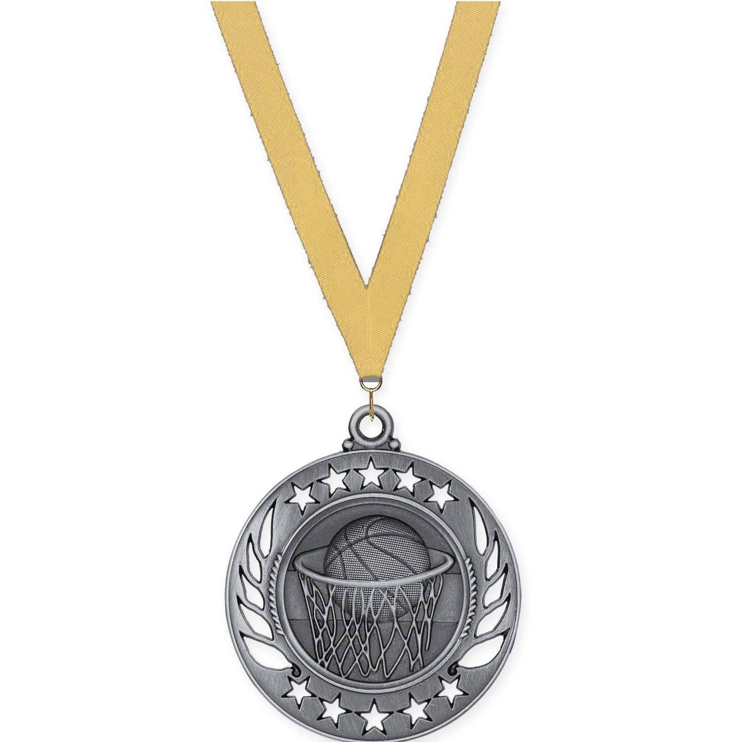 2 1/4 inch basketball Galaxy medal in antique silver with Gold Metallic neck ribbon