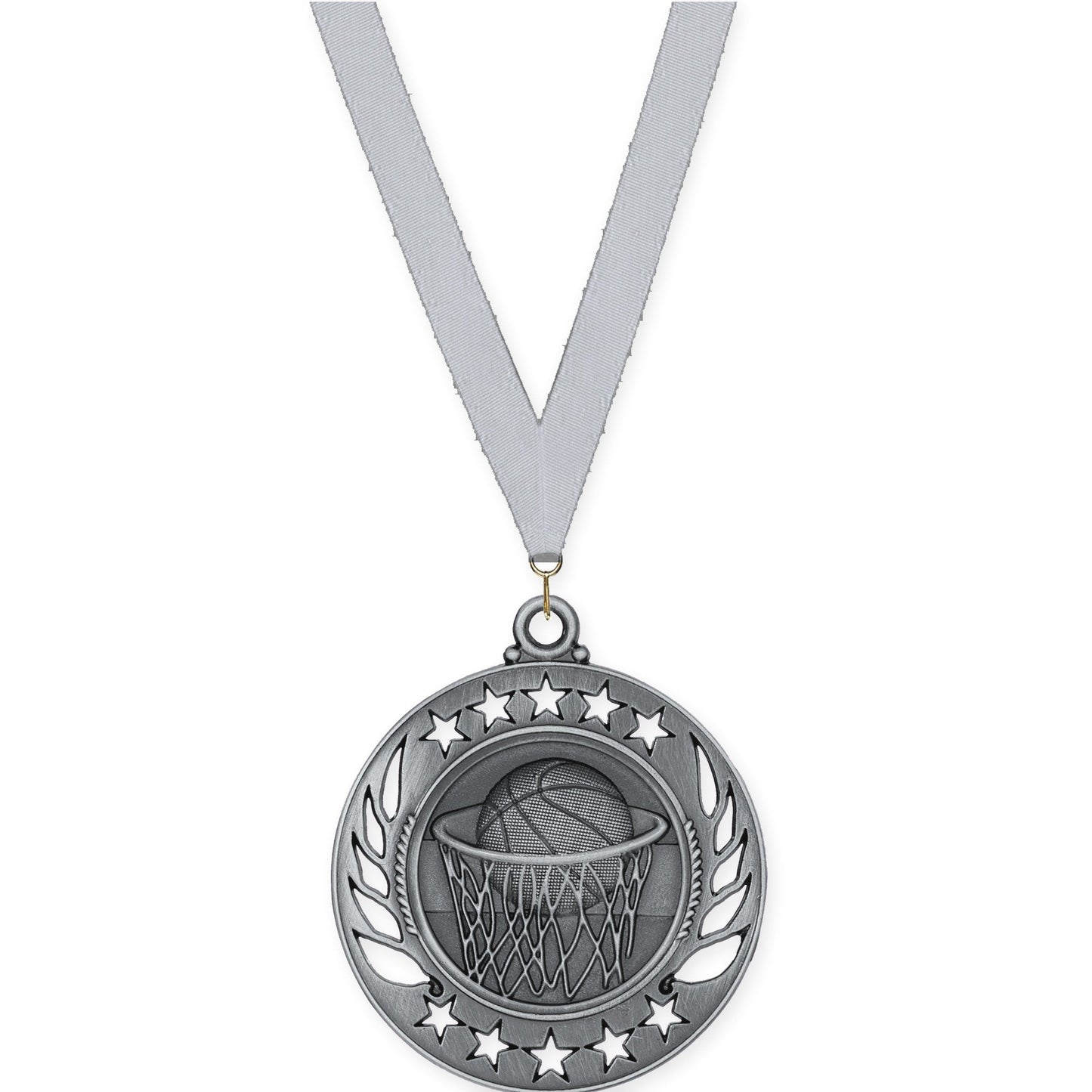 2 1/4 inch basketball Galaxy medal in antique silver with Silver Metallic neck ribbon
