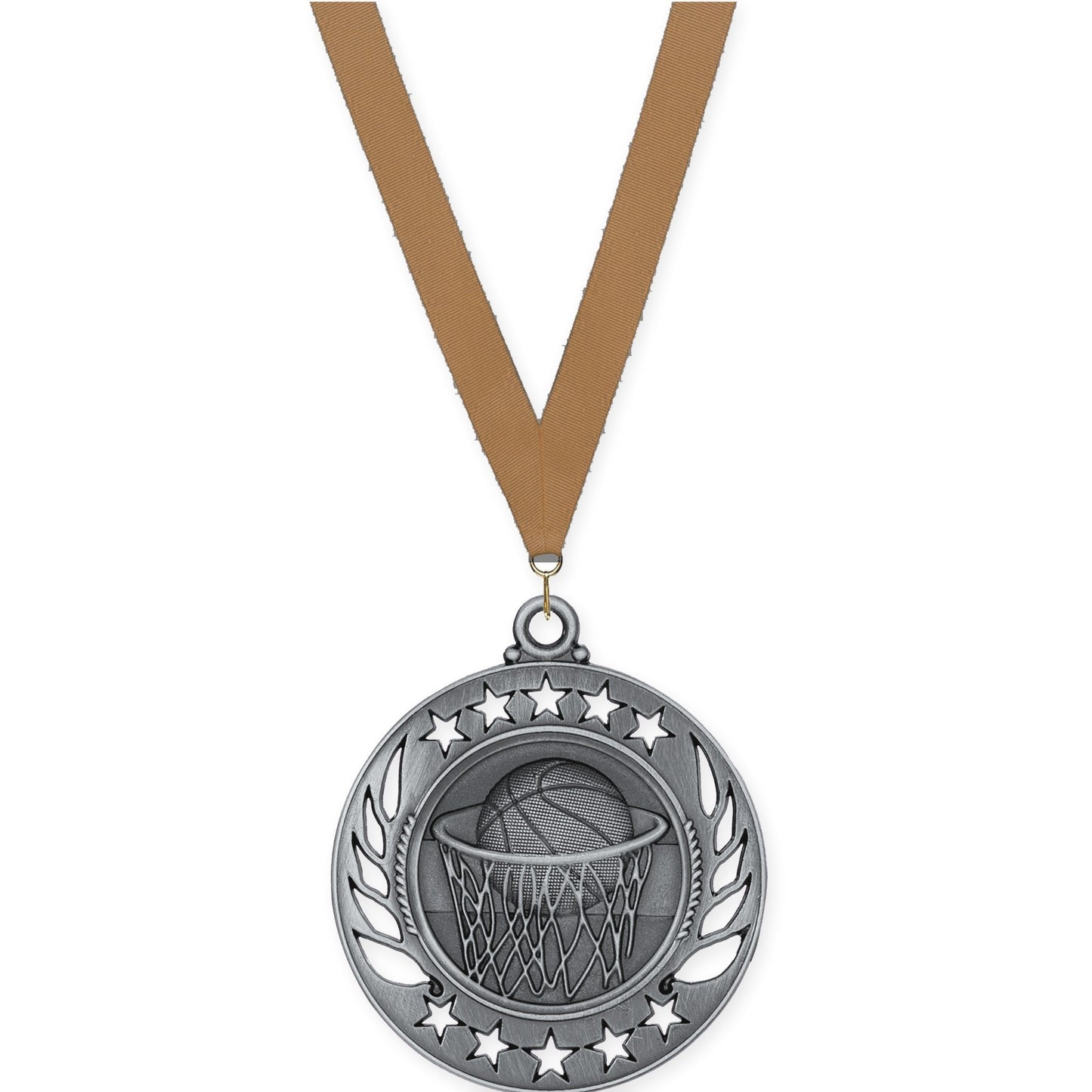 2 1/4 inch basketball Galaxy medal in antique silver with Bronze Metallic neck ribbon