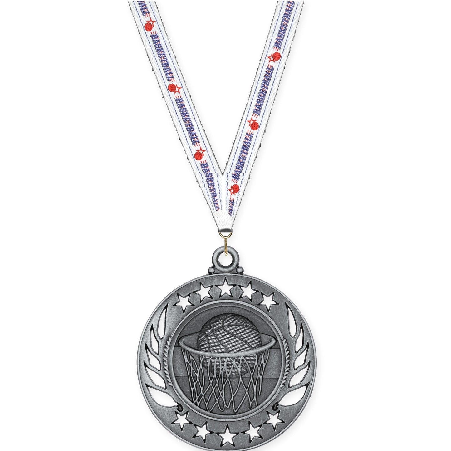 2 1/4 inch basketball Galaxy medal in antique silver with Basketball neck ribbon