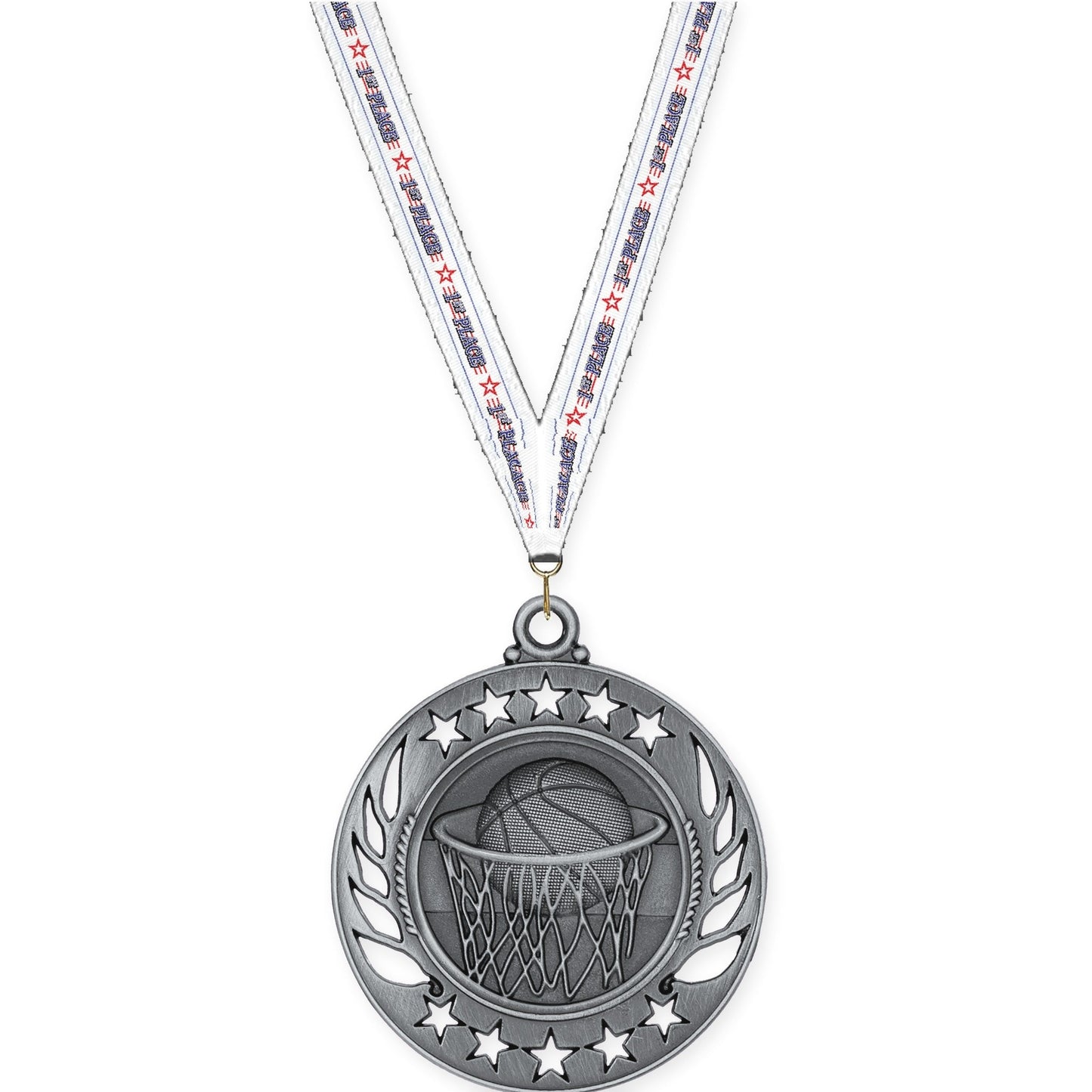 2 1/4 inch basketball Galaxy medal in antique silver with 1st Place neck ribbon