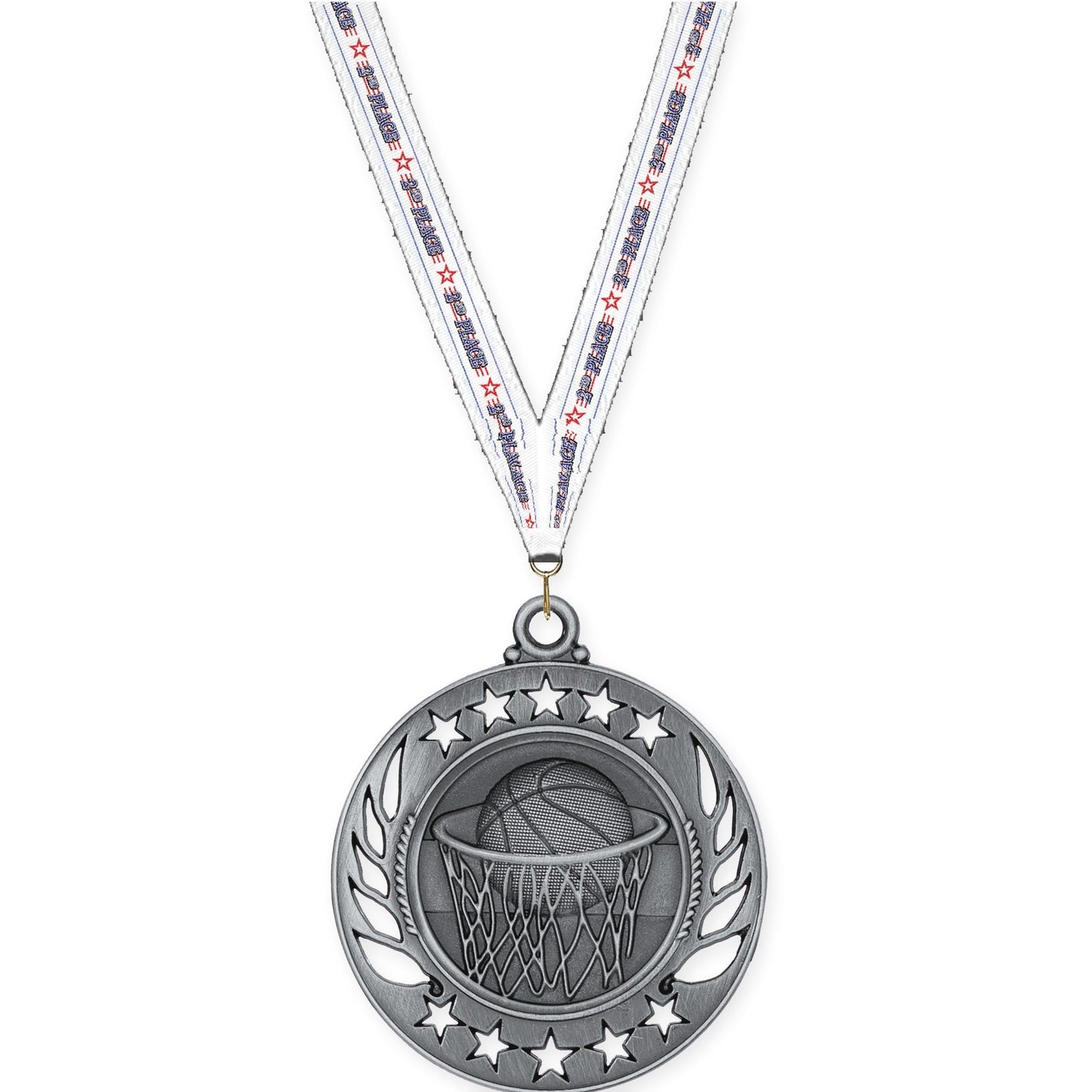2 1/4 inch basketball Galaxy medal in antique silver with 2nd Place neck ribbon