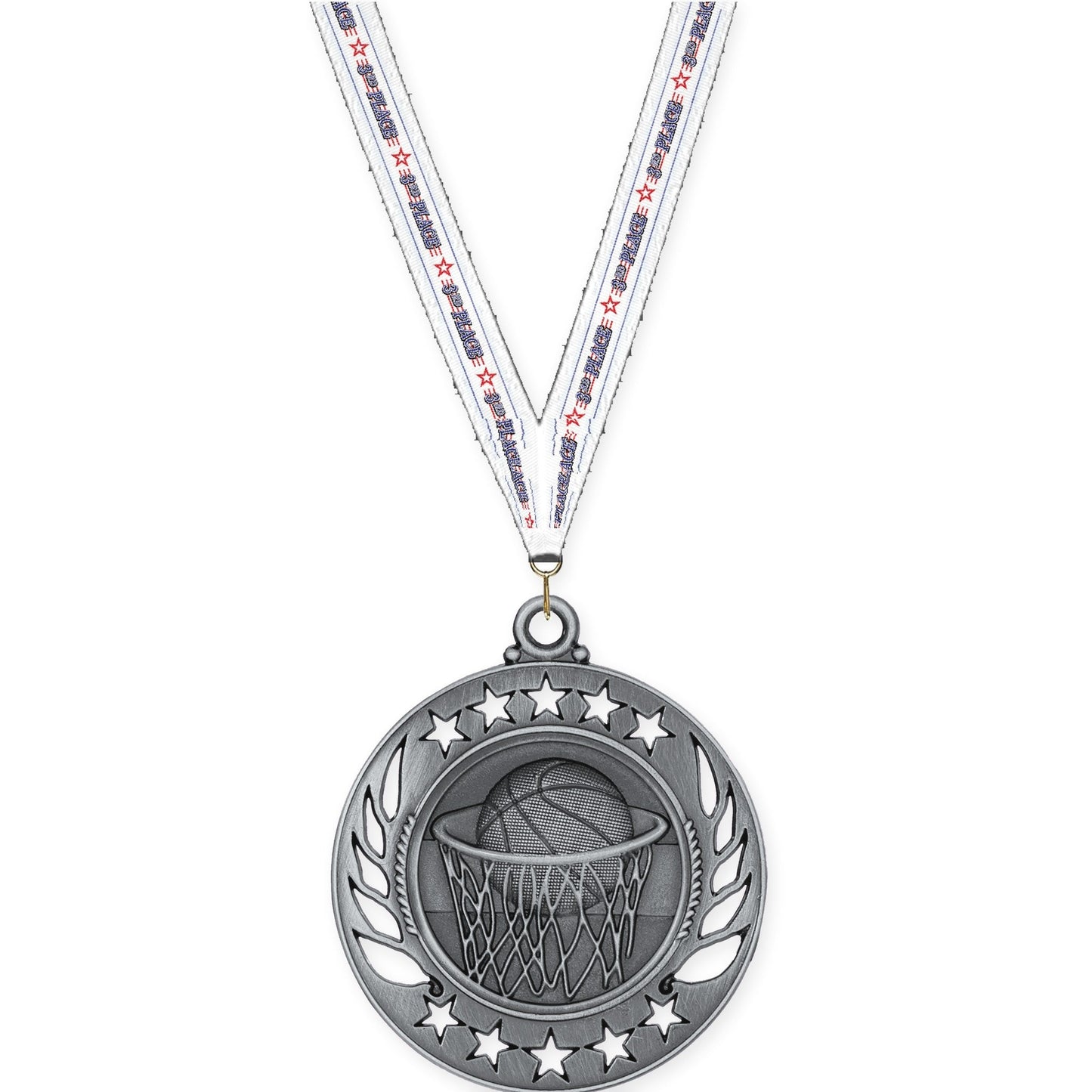 2 1/4 inch basketball Galaxy medal in antique silver with 3rd Place neck ribbon