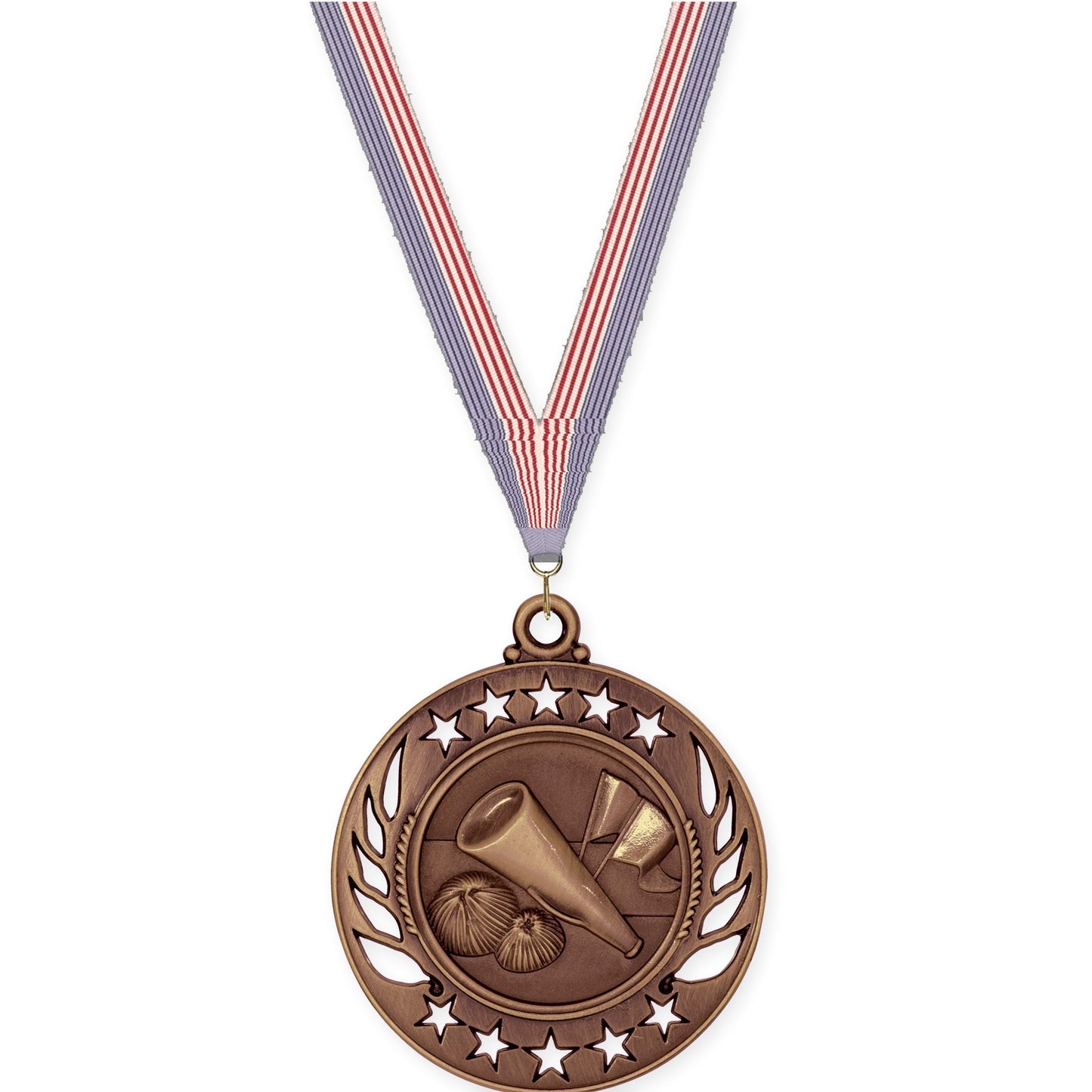 2 1/4 inch cheerleading Galaxy medal in antique bronze with USA Flag neck ribbon