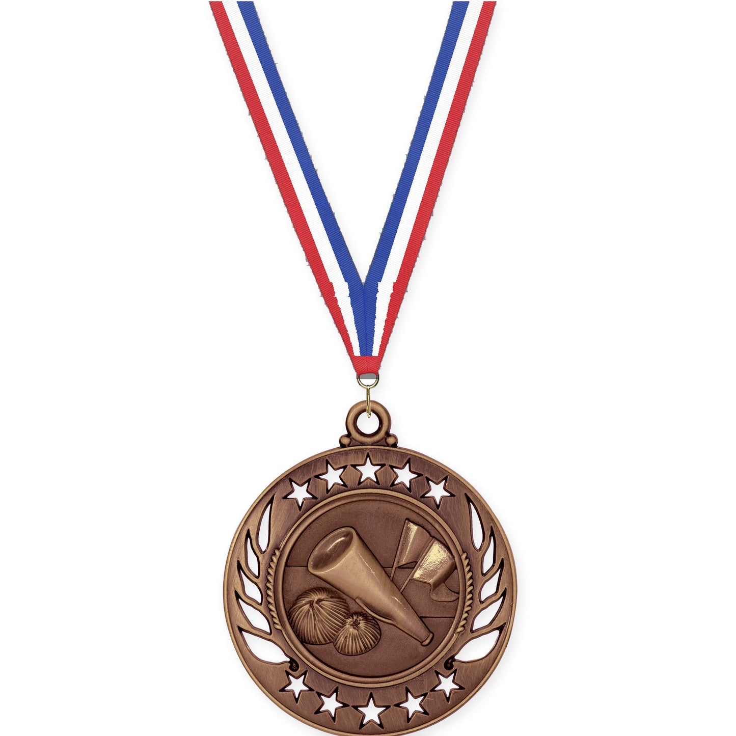 2 1/4 inch cheerleading Galaxy medal in antique bronze with Red White Blue neck ribbon