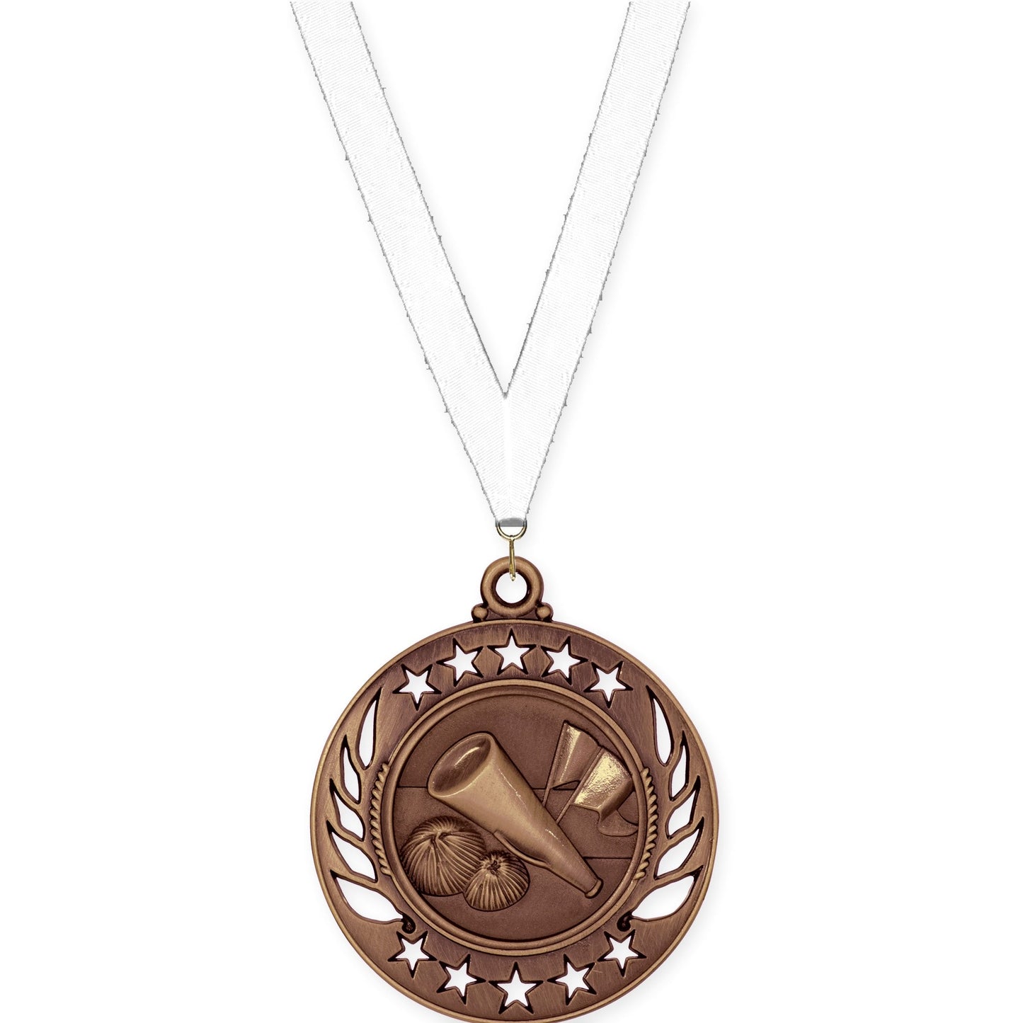 2 1/4 inch cheerleading Galaxy medal in antique bronze with White neck ribbon