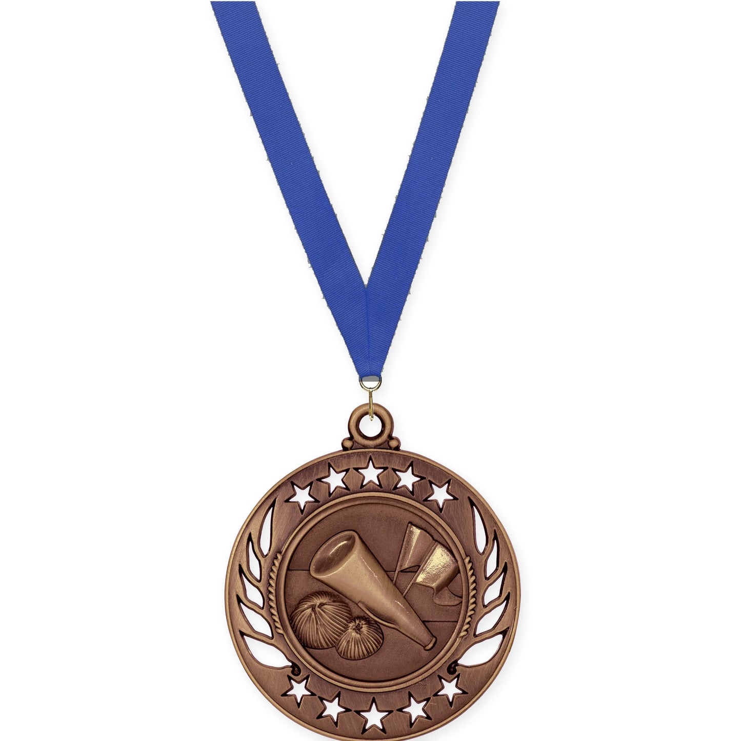 2 1/4 inch cheerleading Galaxy medal in antique bronze with Blue neck ribbon