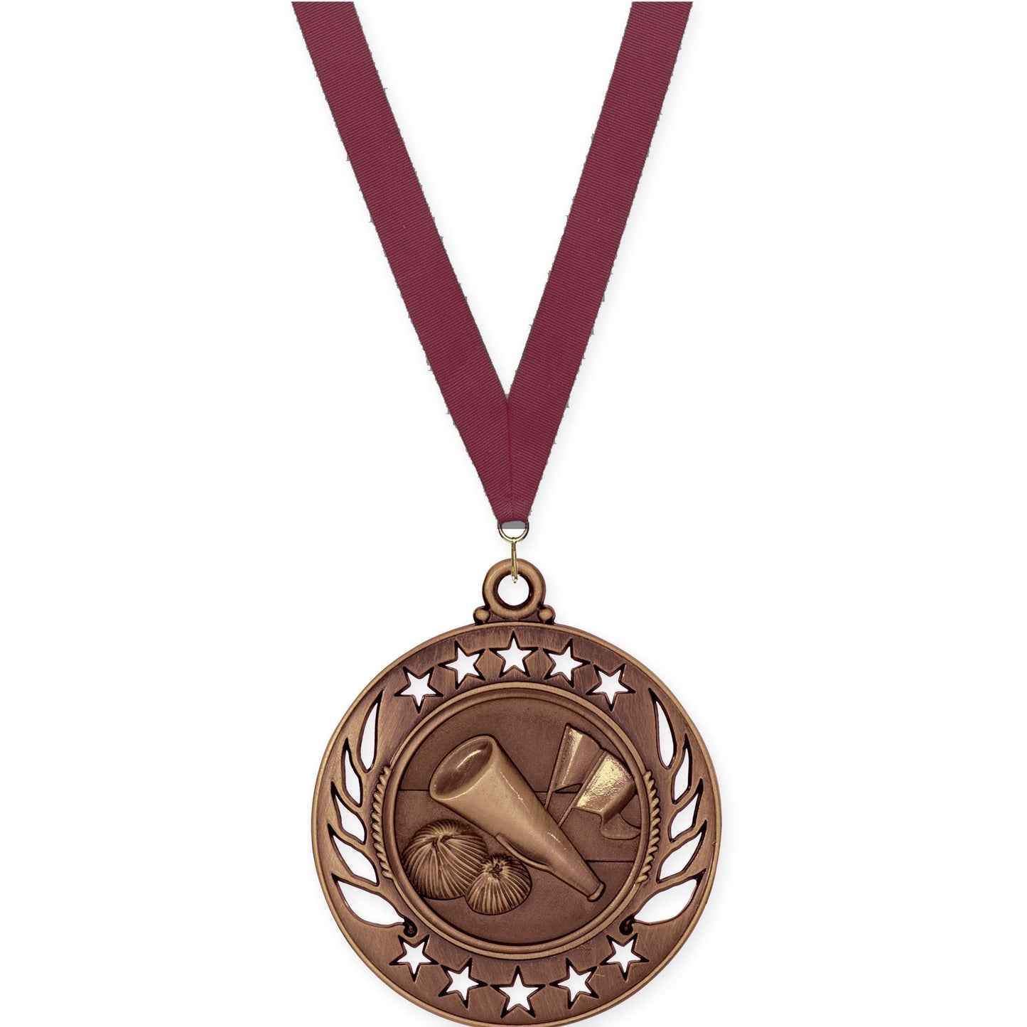 2 1/4 inch cheerleading Galaxy medal in antique bronze with Maroon neck ribbon