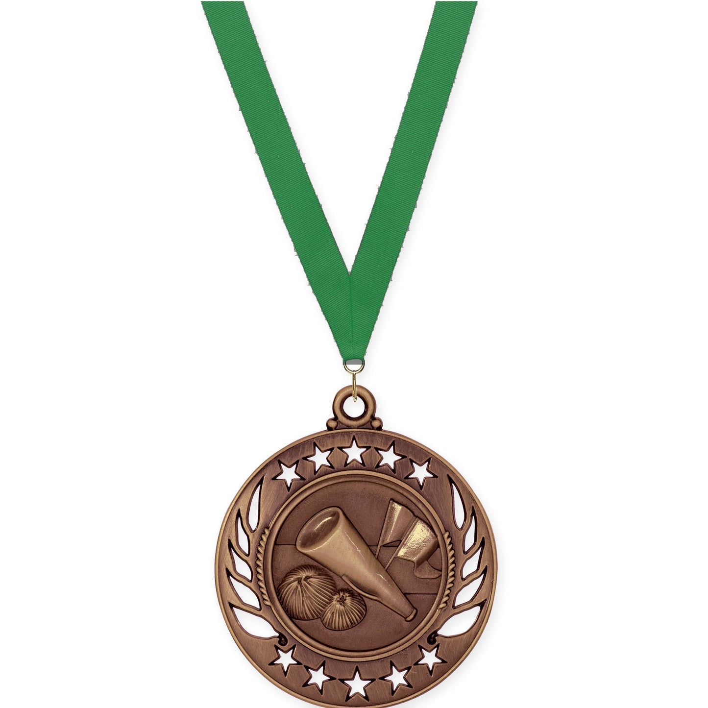 2 1/4 inch cheerleading Galaxy medal in antique bronze with Green neck ribbon