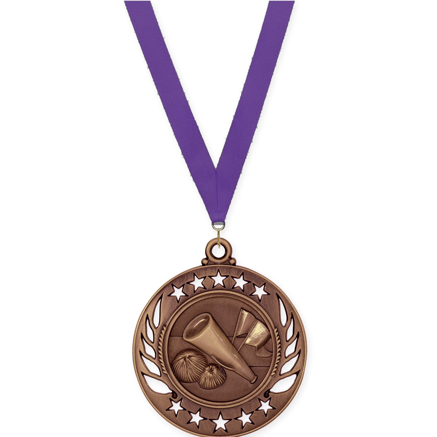 2 1/4 inch cheerleading Galaxy medal in antique bronze with Purple neck ribbon