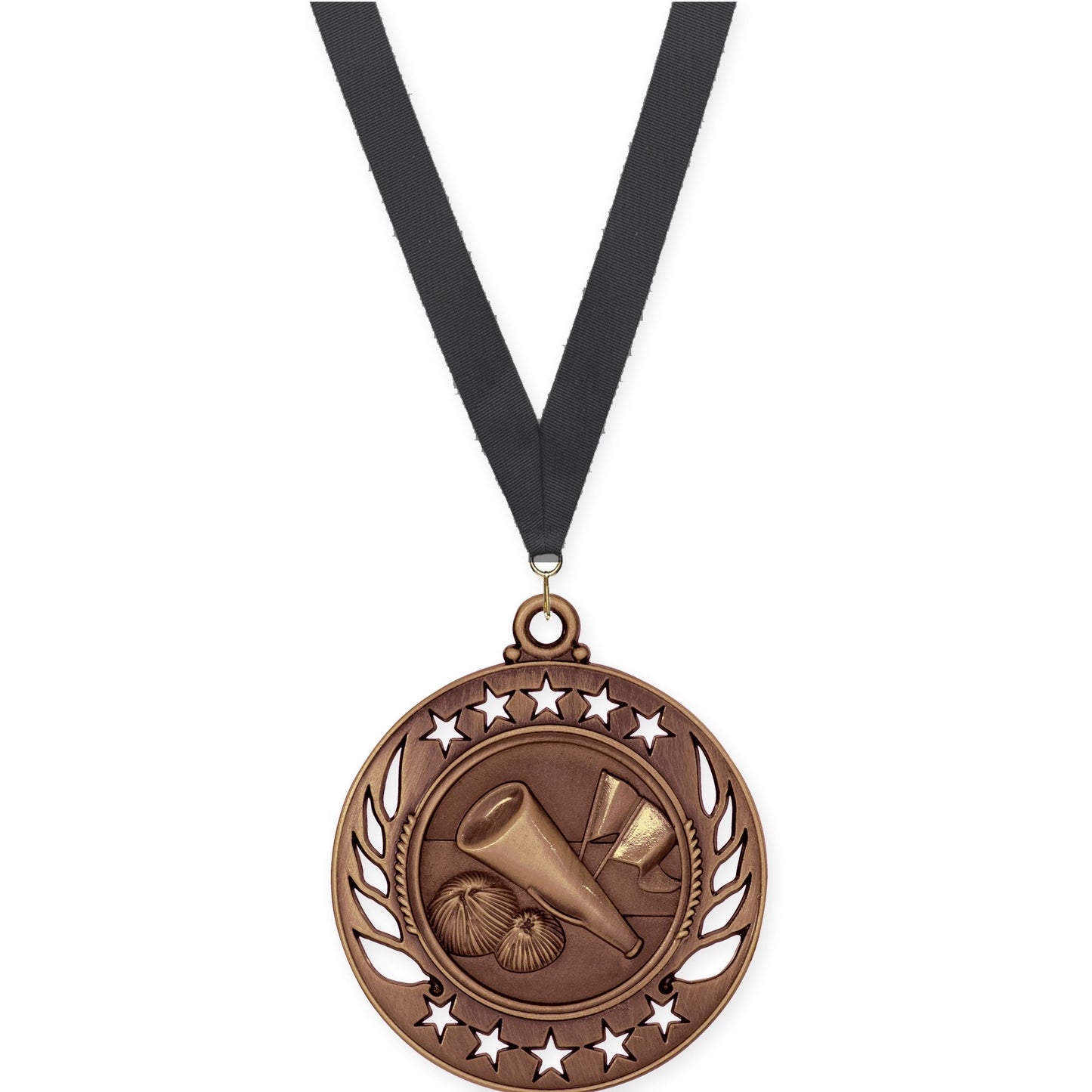 2 1/4 inch cheerleading Galaxy medal in antique bronze with Black neck ribbon