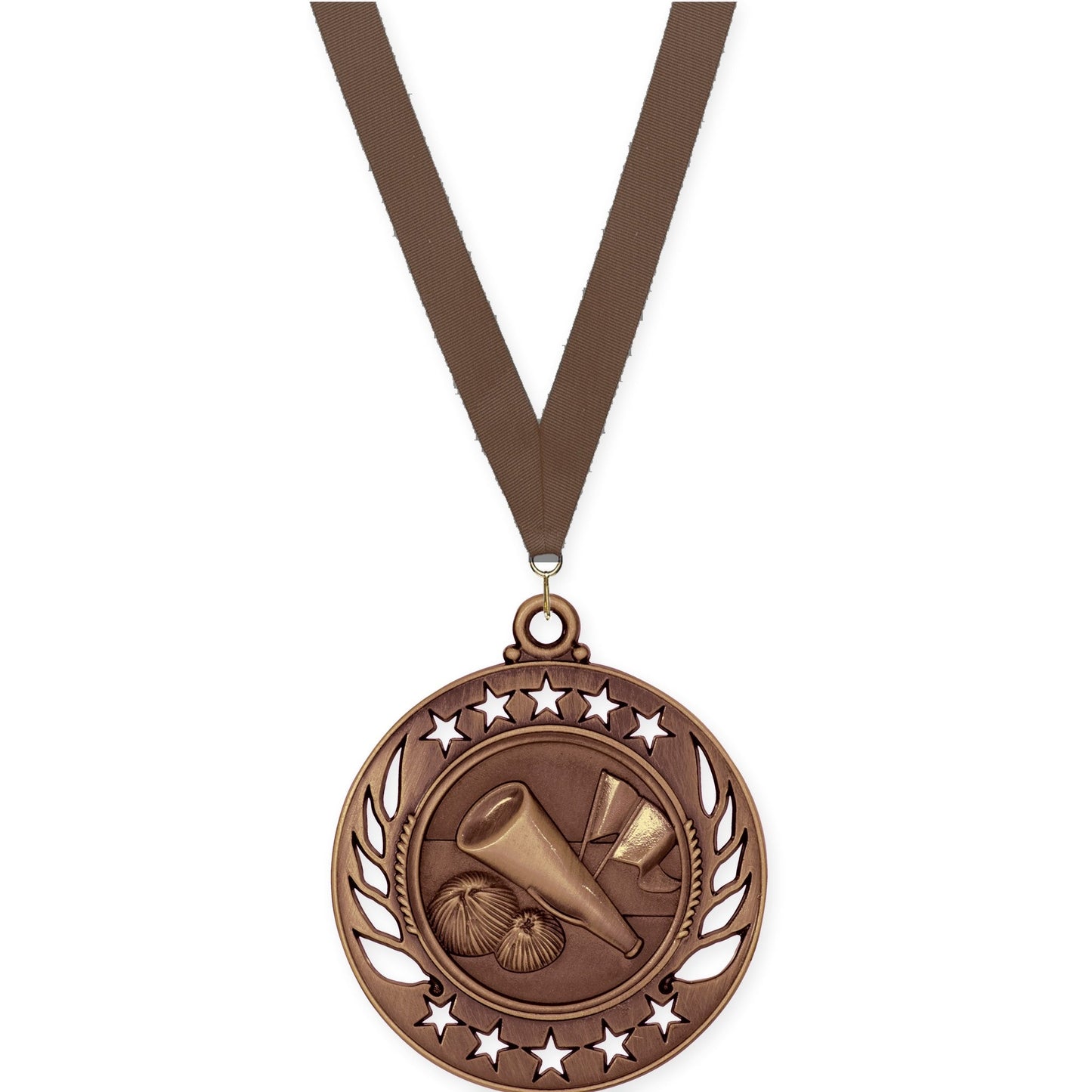 2 1/4 inch cheerleading Galaxy medal in antique bronze with Brown neck ribbon
