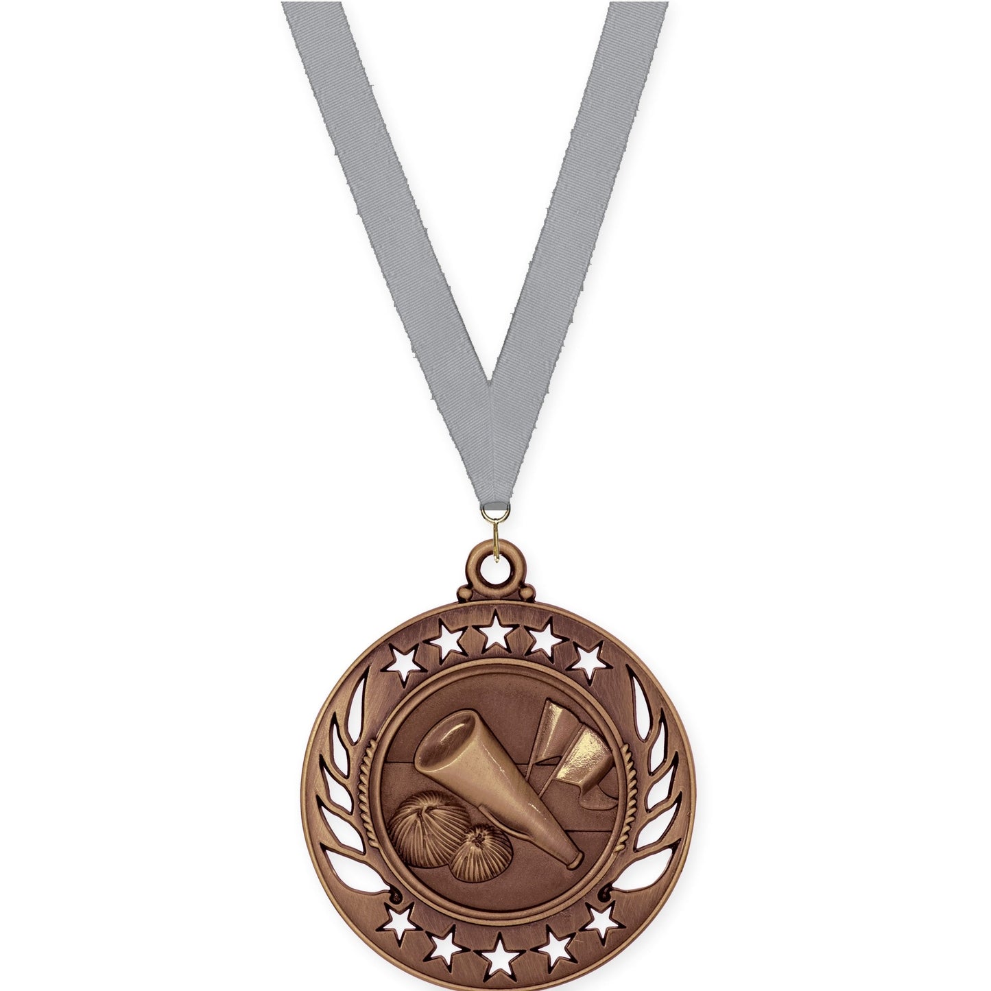 2 1/4 inch cheerleading Galaxy medal in antique bronze with Gray neck ribbon
