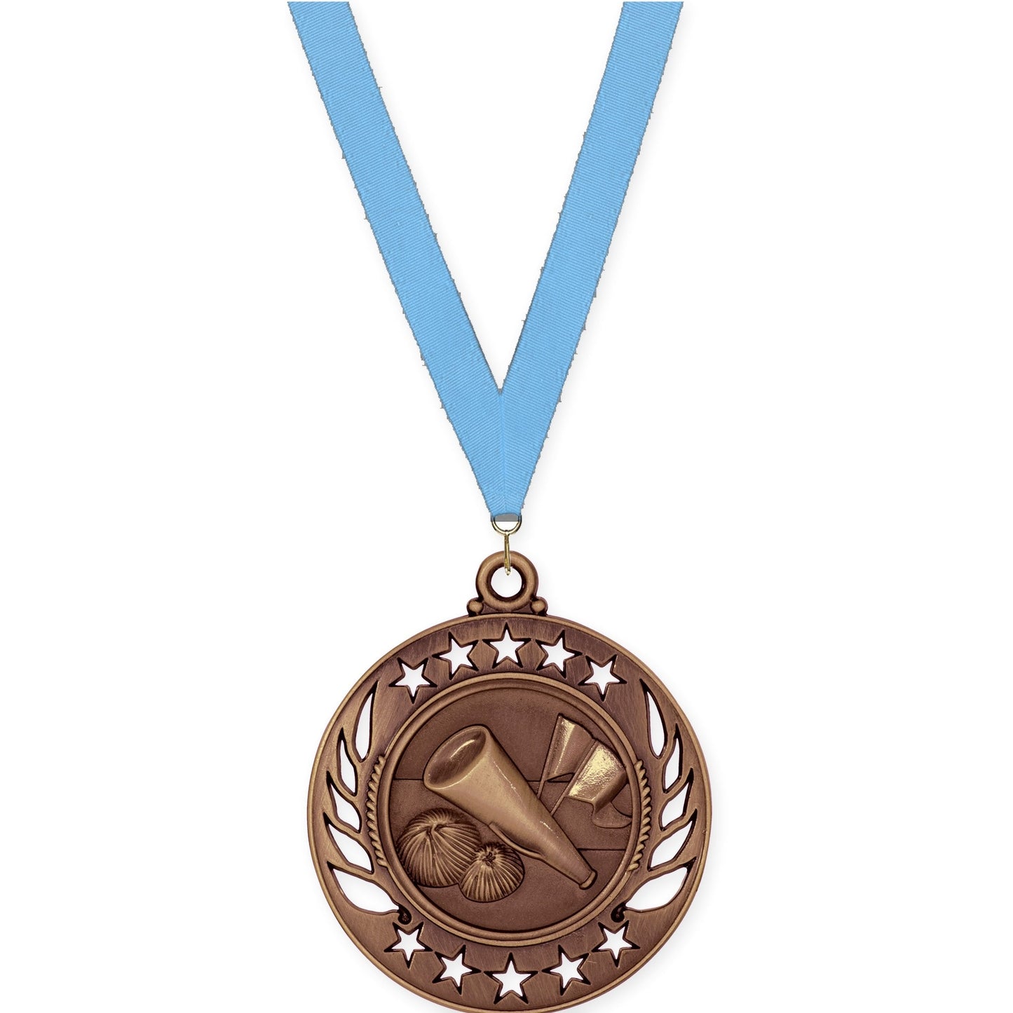 2 1/4 inch cheerleading Galaxy medal in antique bronze with Light Blue neck ribbon