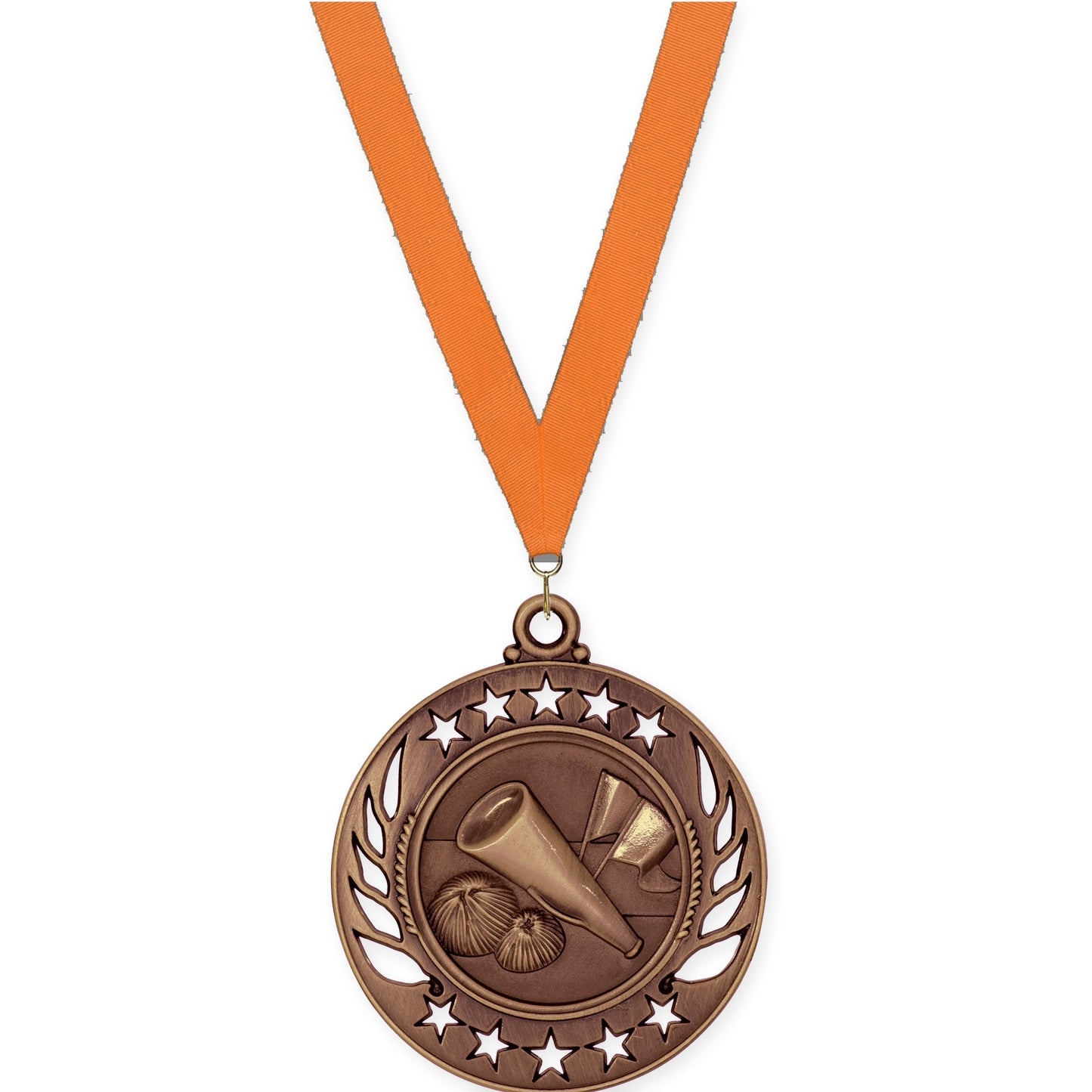 2 1/4 inch cheerleading Galaxy medal in antique bronze with Orange neck ribbon