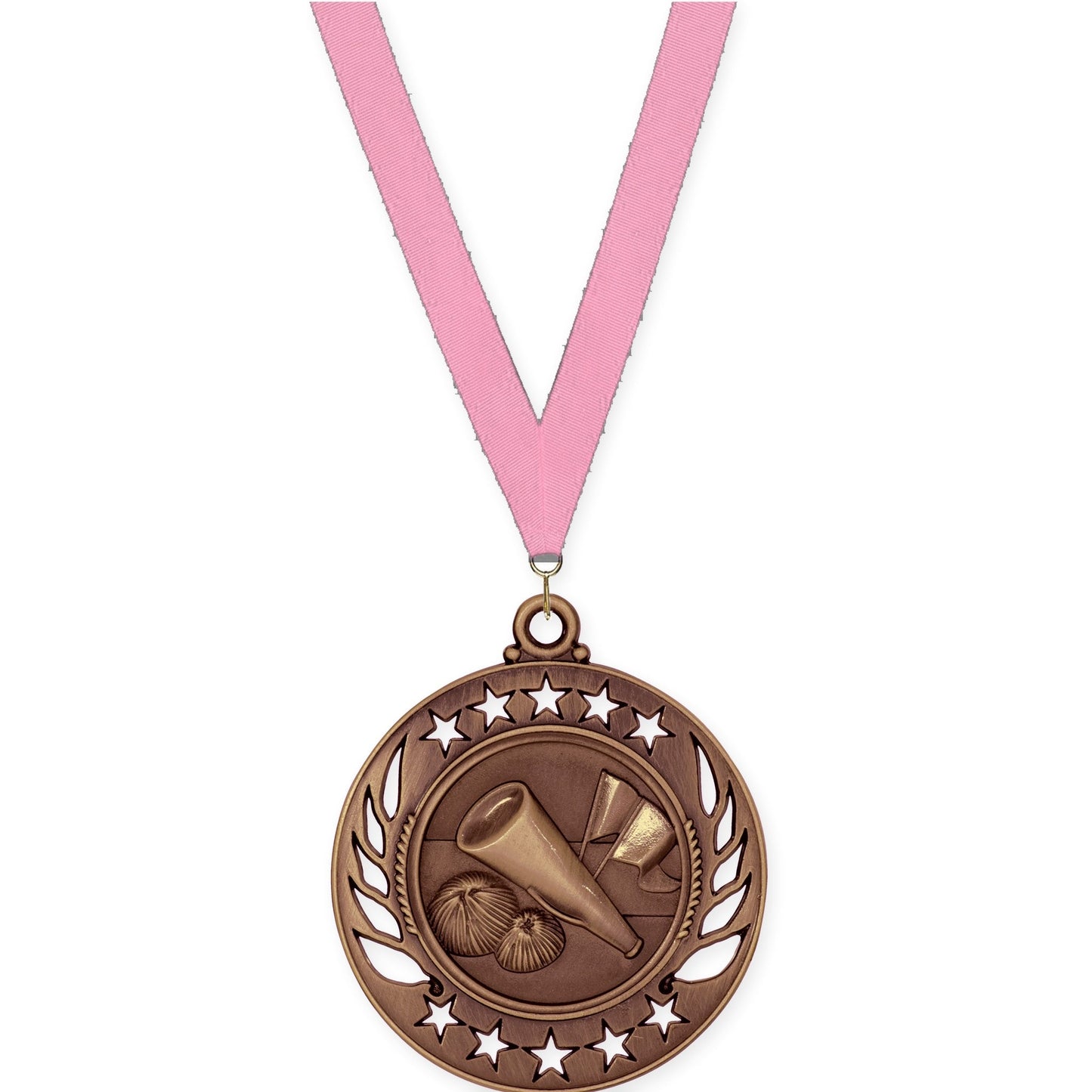 2 1/4 inch cheerleading Galaxy medal in antique bronze with Pink neck ribbon