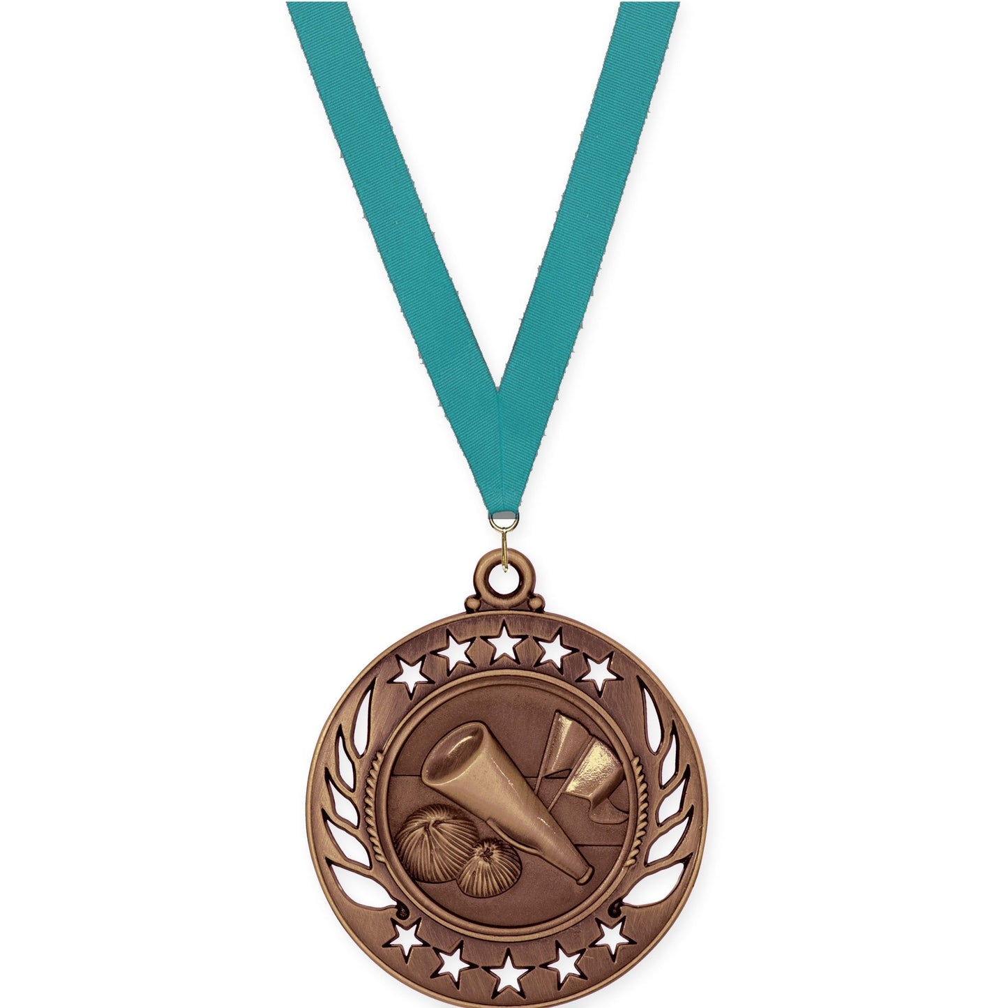 2 1/4 inch cheerleading Galaxy medal in antique bronze with Teal neck ribbon