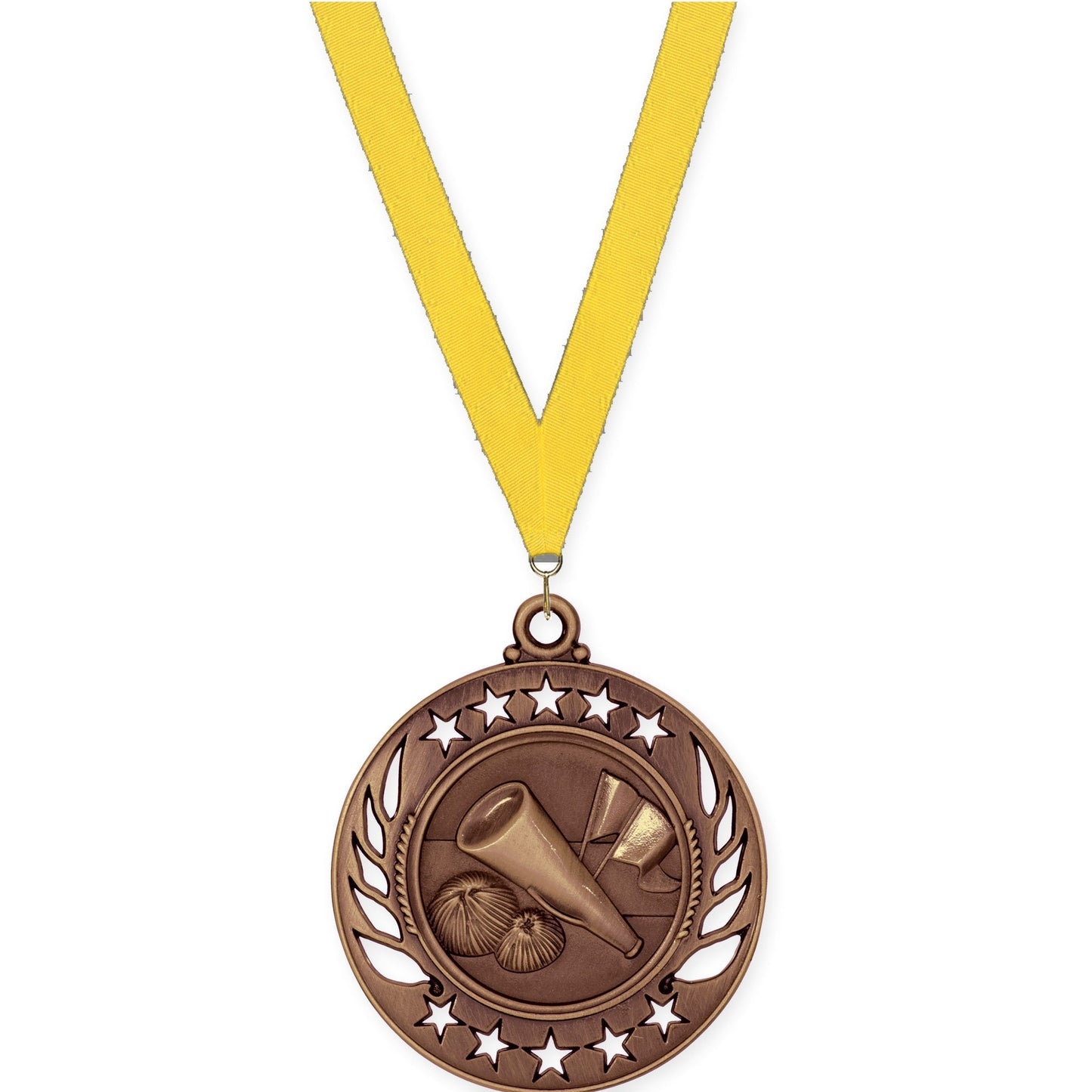 2 1/4 inch cheerleading Galaxy medal in antique bronze with Yellow neck ribbon