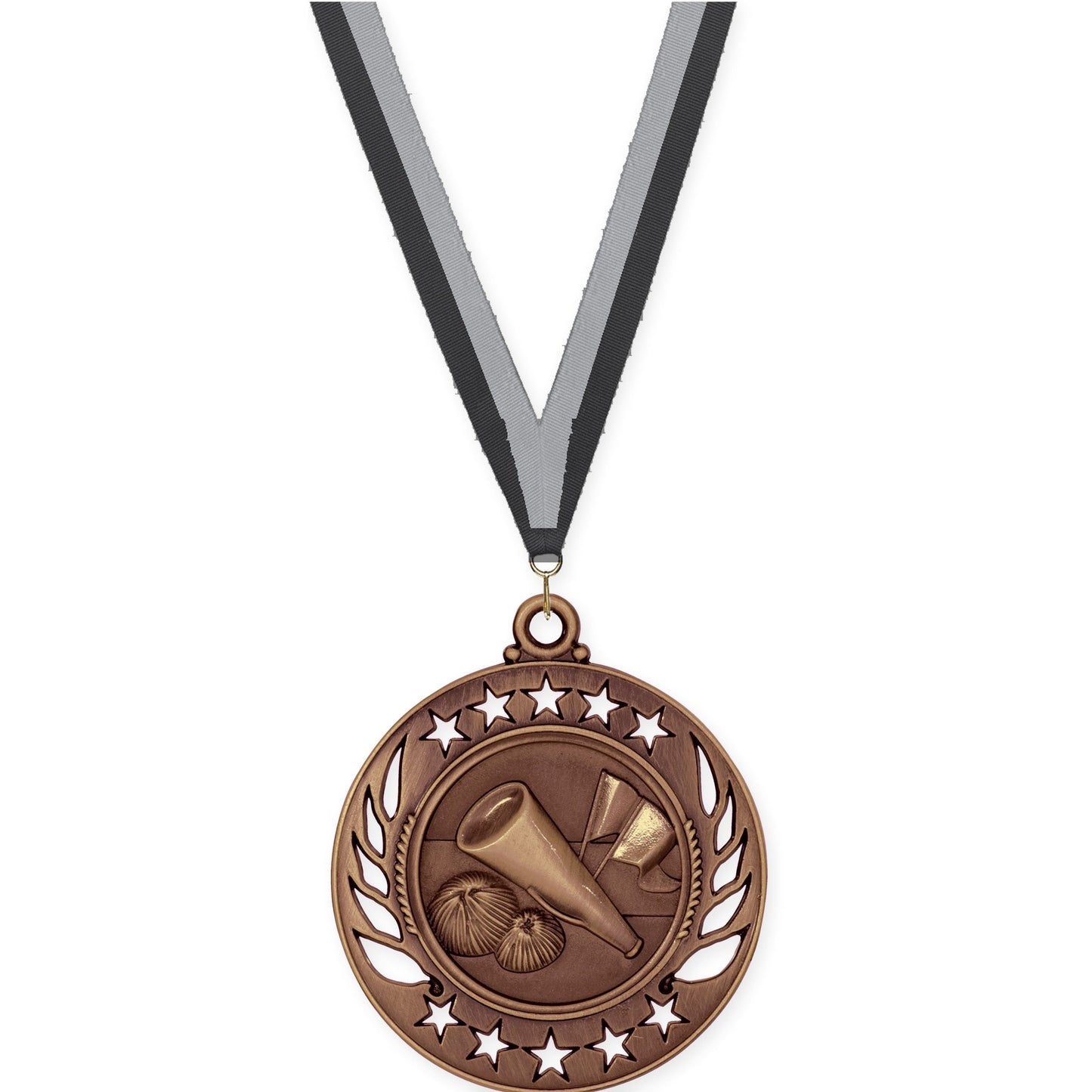 2 1/4 inch cheerleading Galaxy medal in antique bronze with Black Gray neck ribbon