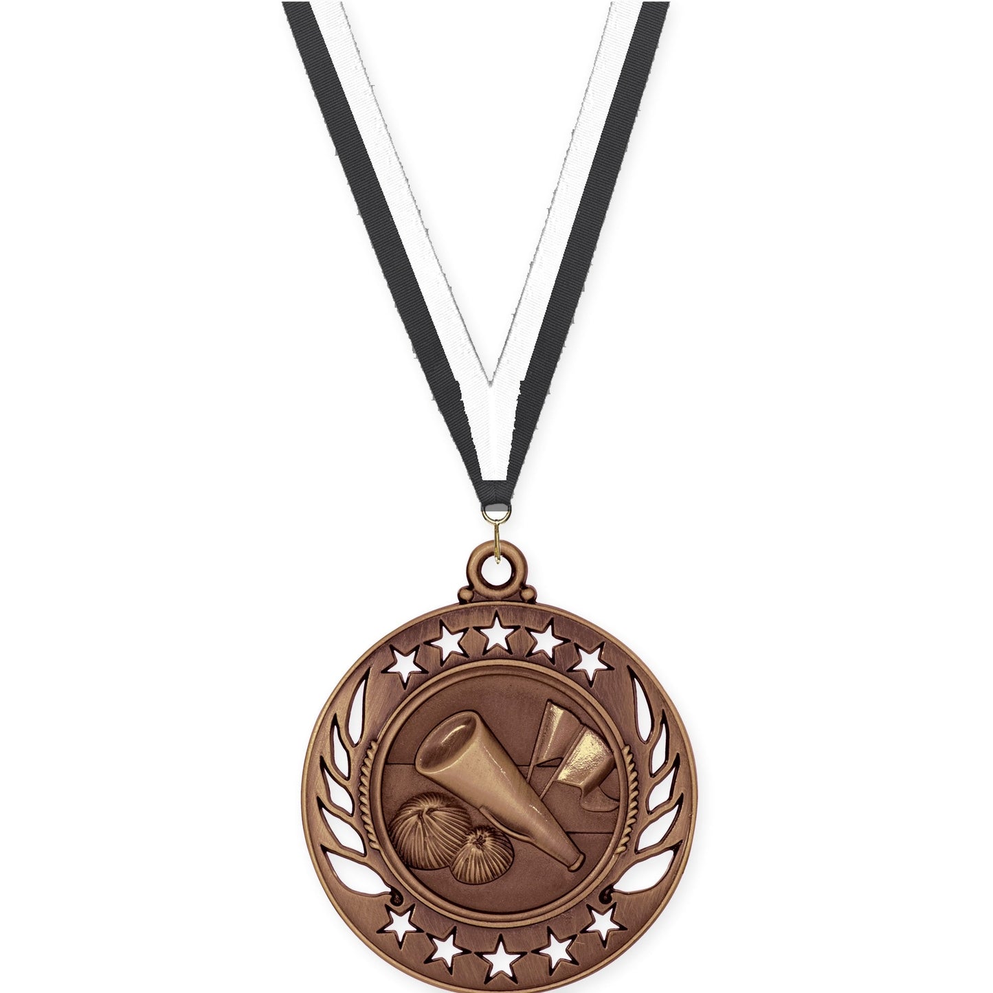 2 1/4 inch cheerleading Galaxy medal in antique bronze with Black White neck ribbon