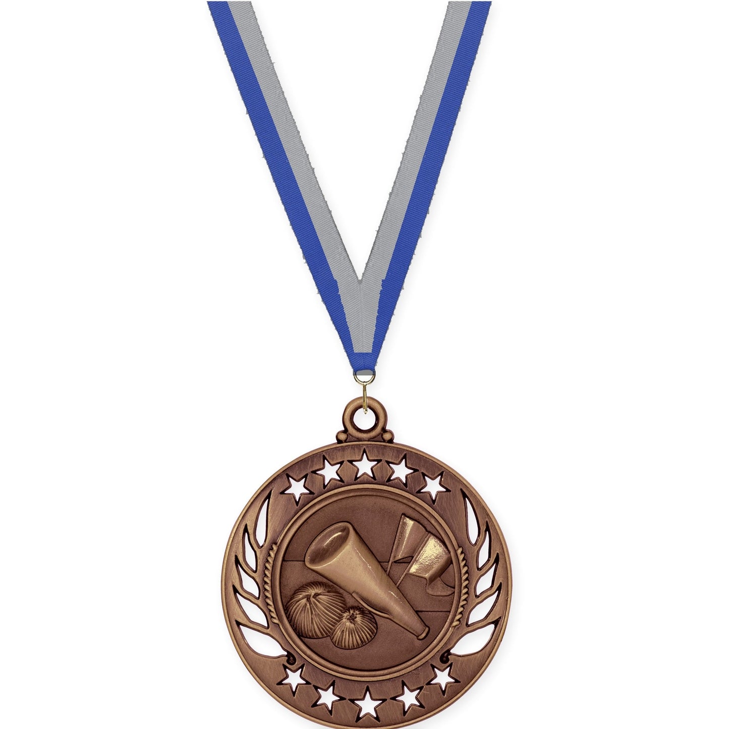 2 1/4 inch cheerleading Galaxy medal in antique bronze with Blue Gray neck ribbon
