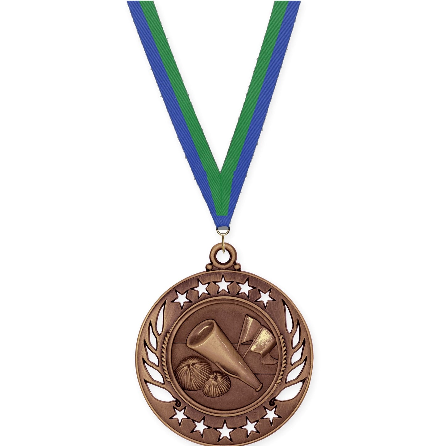 2 1/4 inch cheerleading Galaxy medal in antique bronze with Blue Green neck ribbon