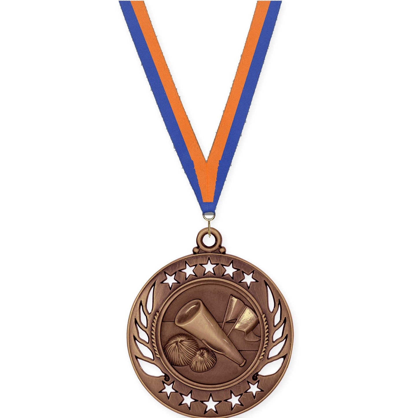 2 1/4 inch cheerleading Galaxy medal in antique bronze with Blue Orange neck ribbon