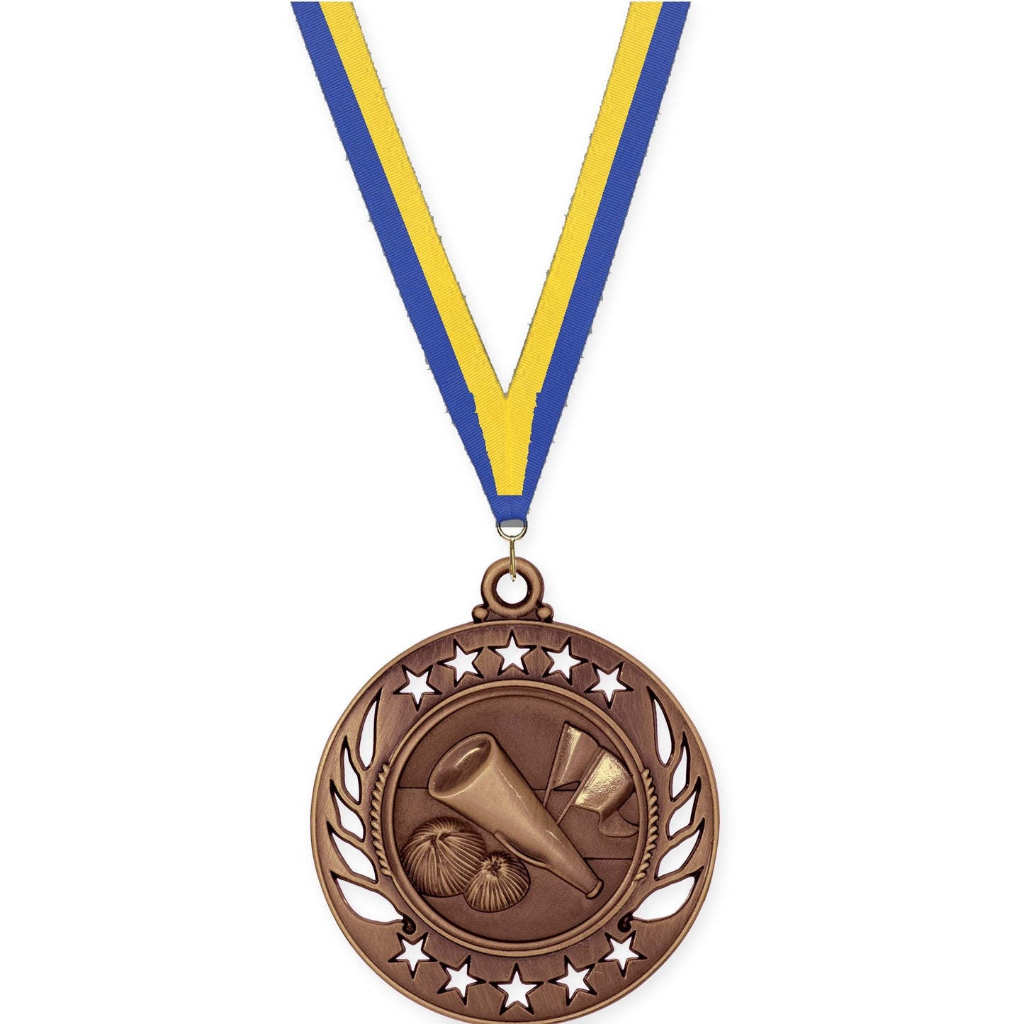 2 1/4 inch cheerleading Galaxy medal in antique bronze with Blue Yellow neck ribbon