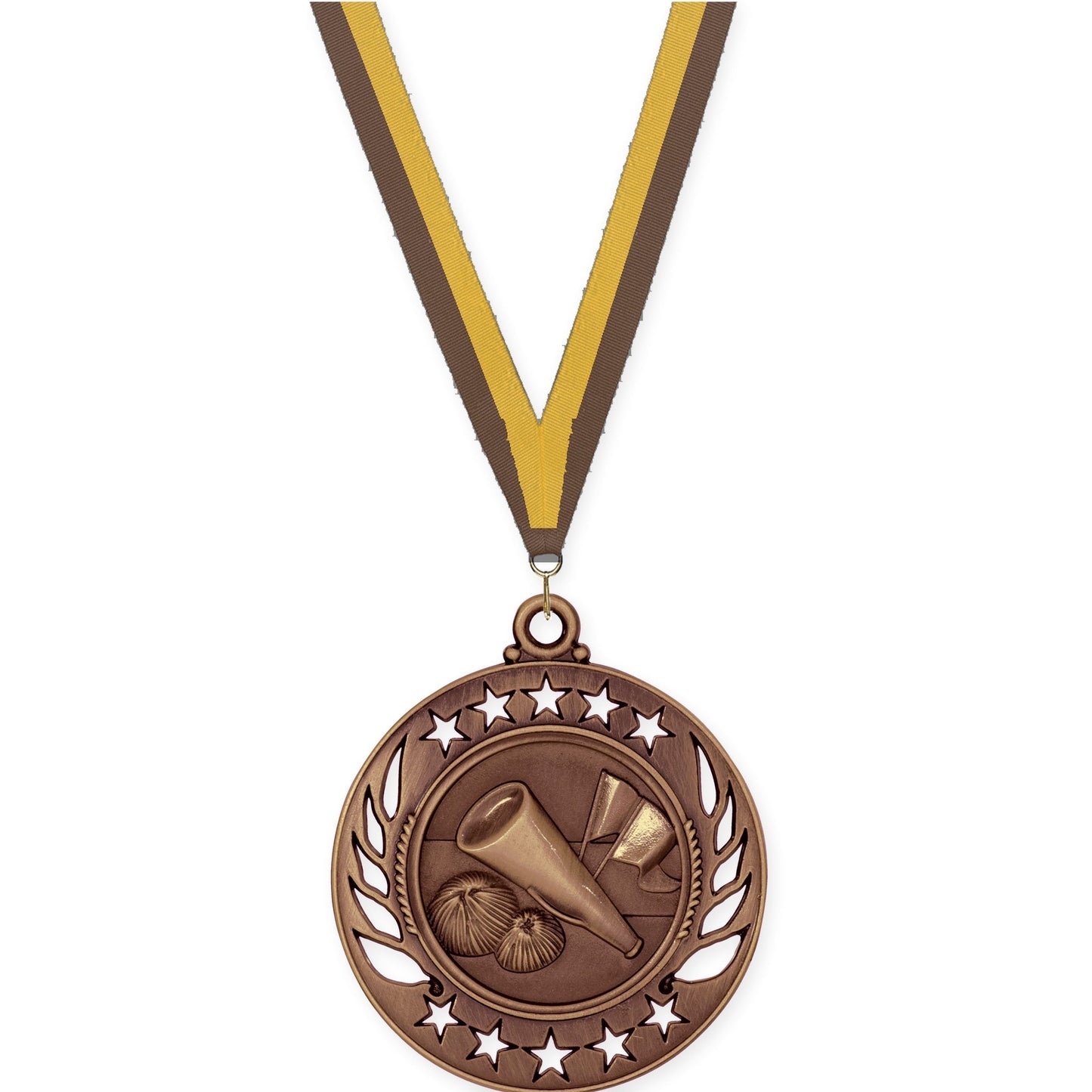 2 1/4 inch cheerleading Galaxy medal in antique bronze with Brown Gold neck ribbon
