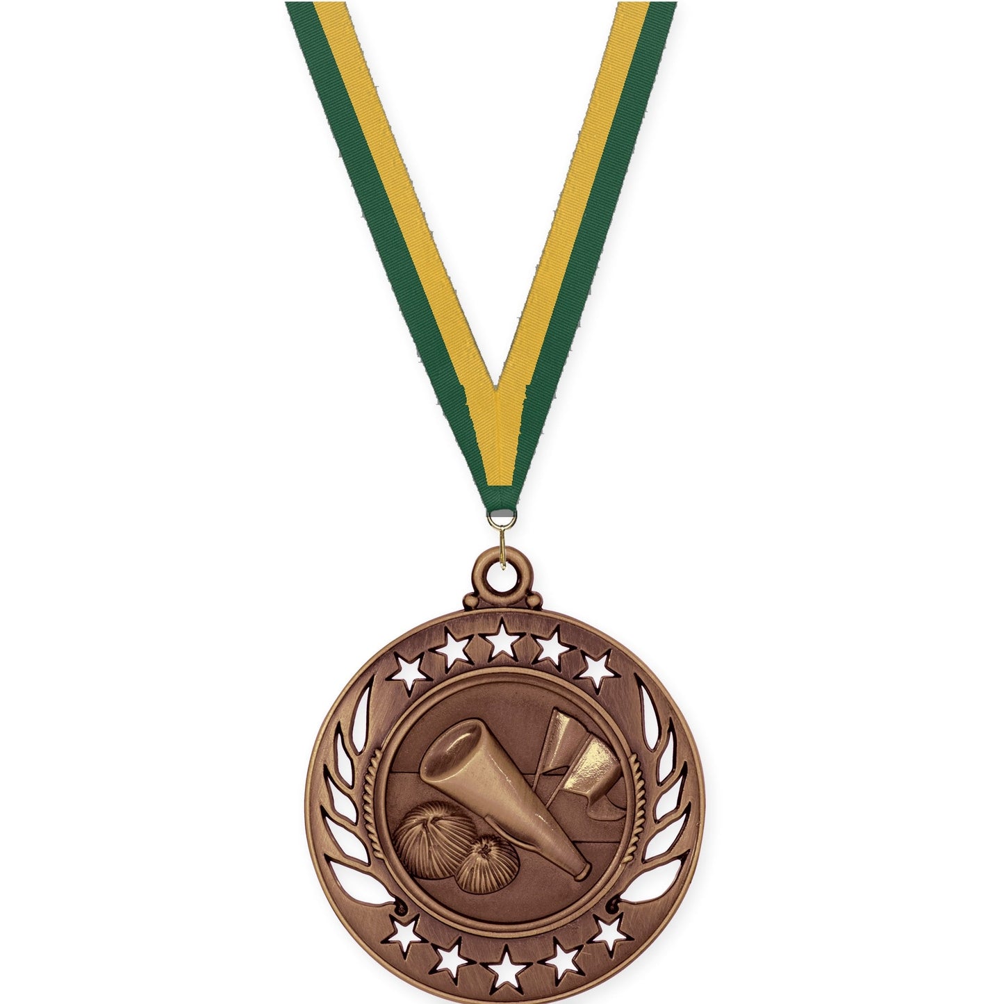 2 1/4 inch cheerleading Galaxy medal in antique bronze with Hunter Green Gold neck ribbon