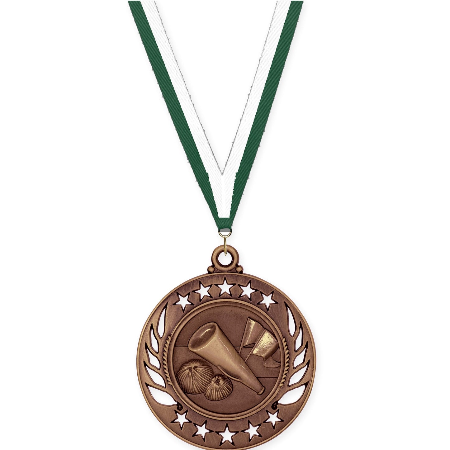 2 1/4 inch cheerleading Galaxy medal in antique bronze with Hunter Green White neck ribbon