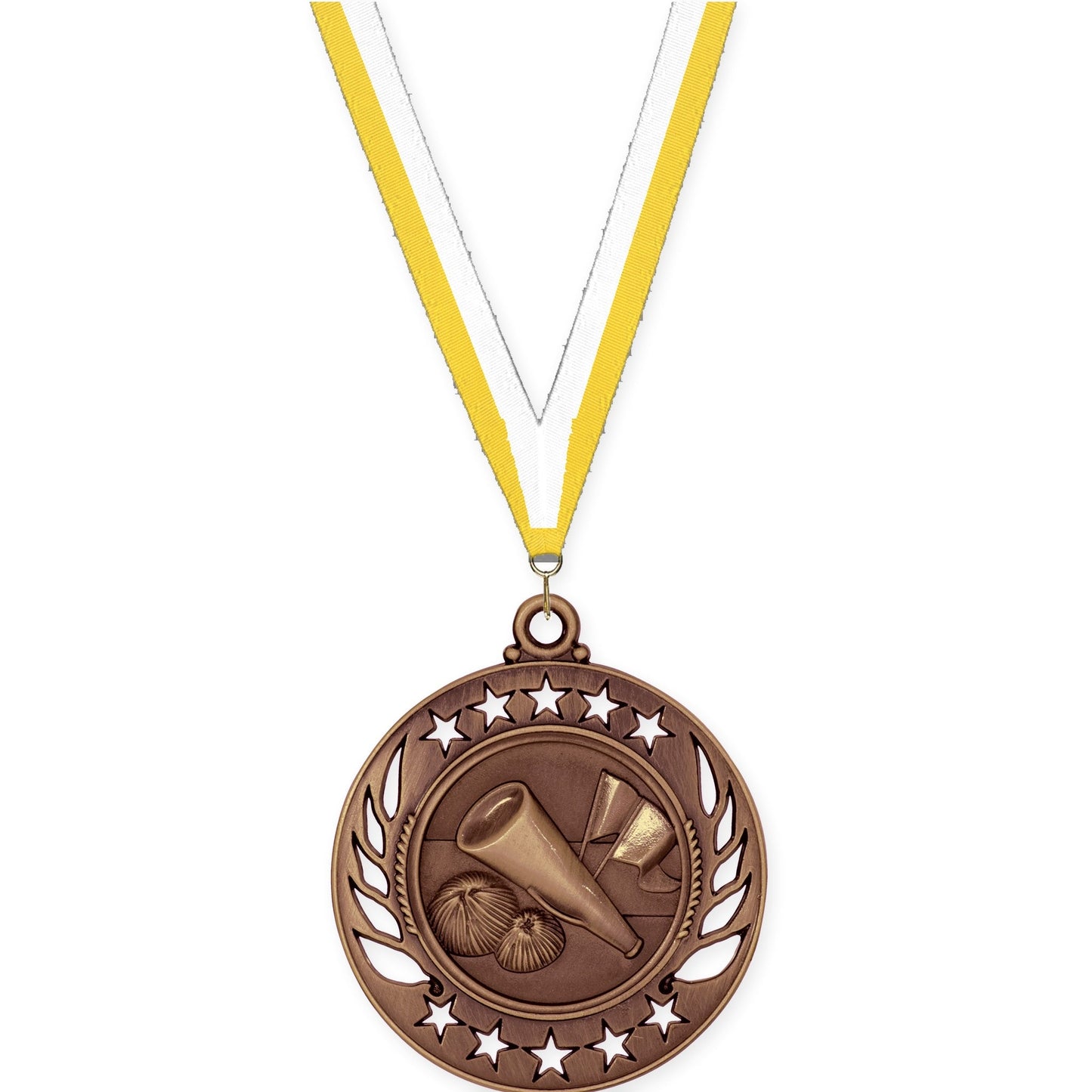 2 1/4 inch cheerleading Galaxy medal in antique bronze with Yellow White neck ribbon