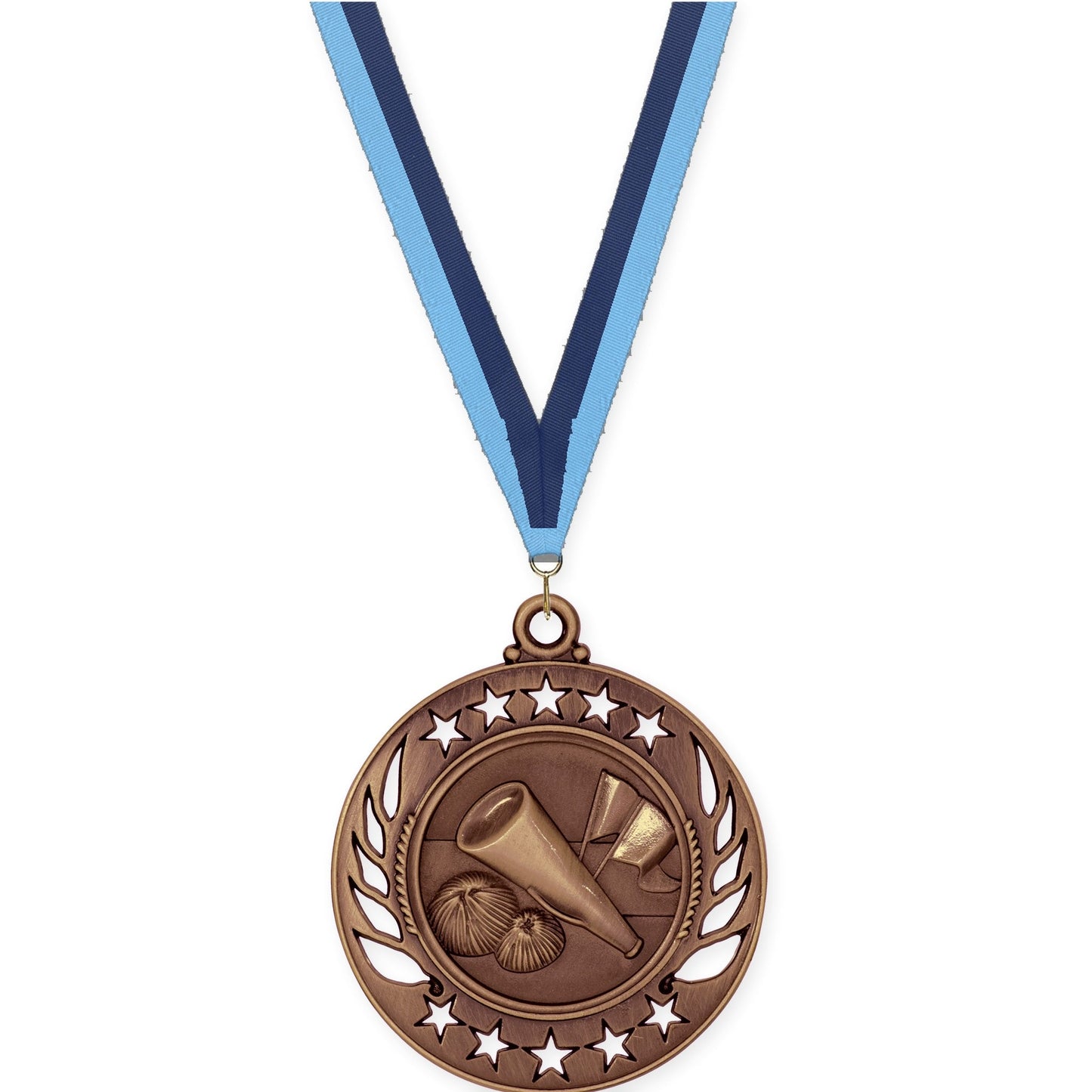 2 1/4 inch cheerleading Galaxy medal in antique bronze with Light Blue Navy neck ribbon