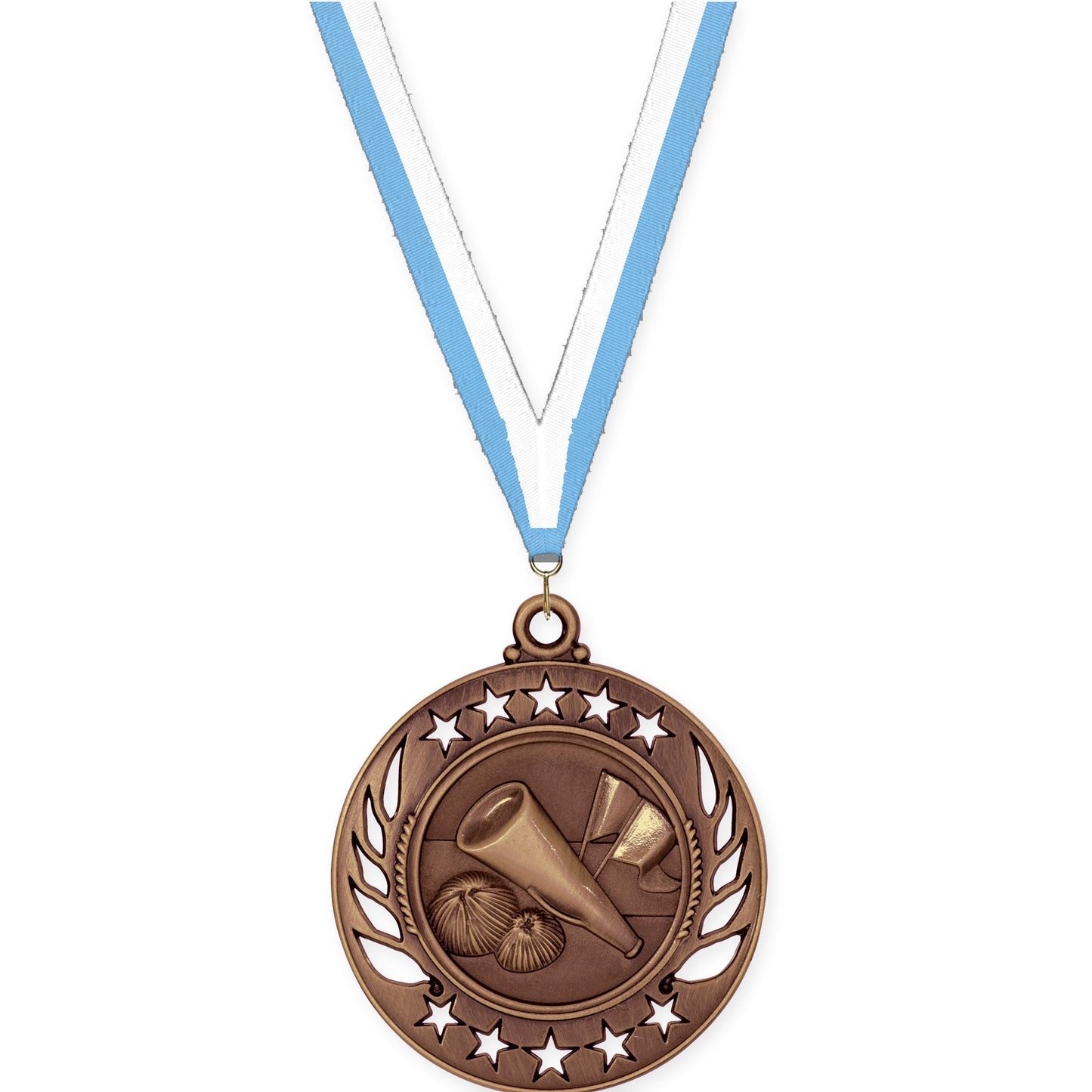 2 1/4 inch cheerleading Galaxy medal in antique bronze with Light Blue White neck ribbon